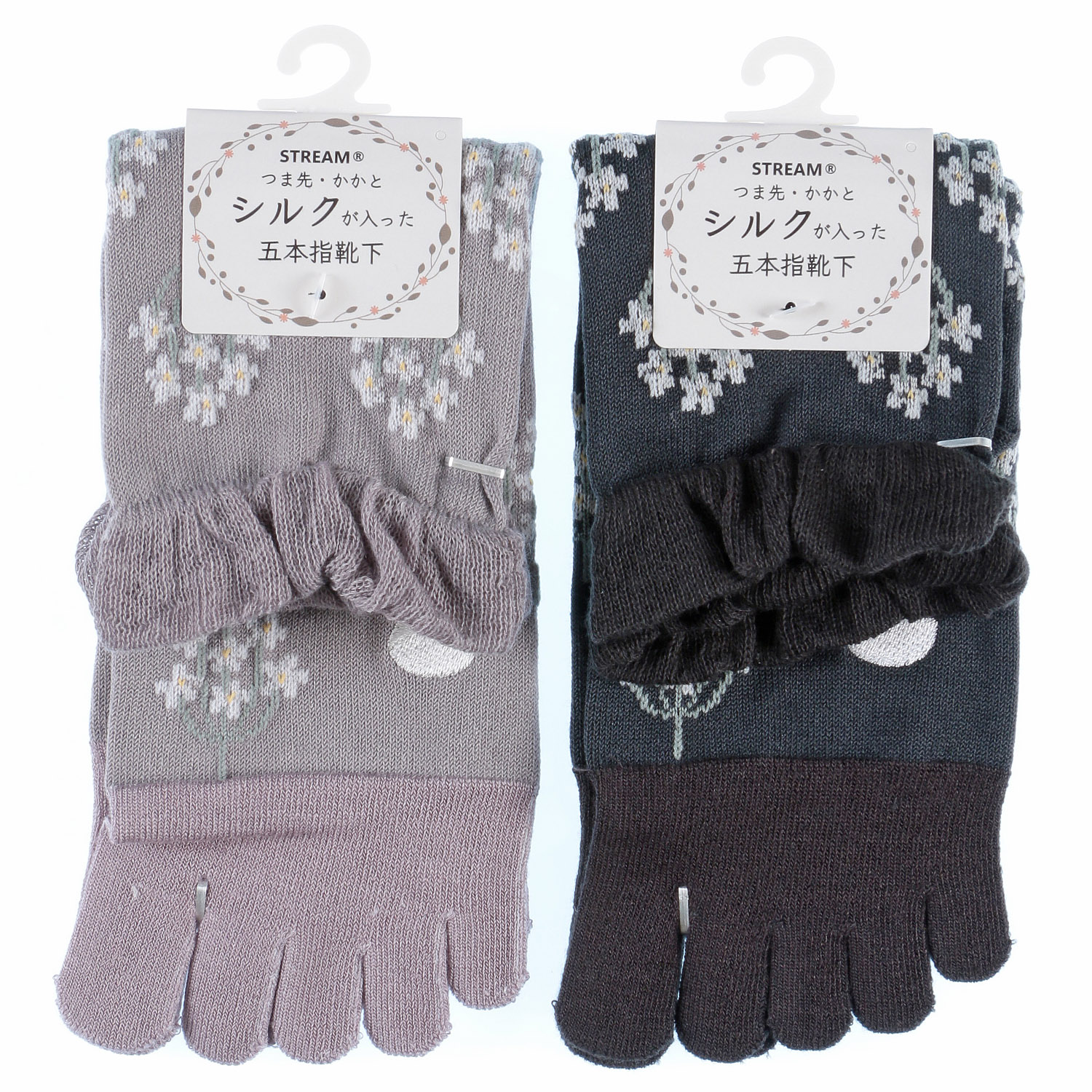 STREAM 5本指 白鳥刺繍と花柄 クルー丈 靴下 - 画像3
