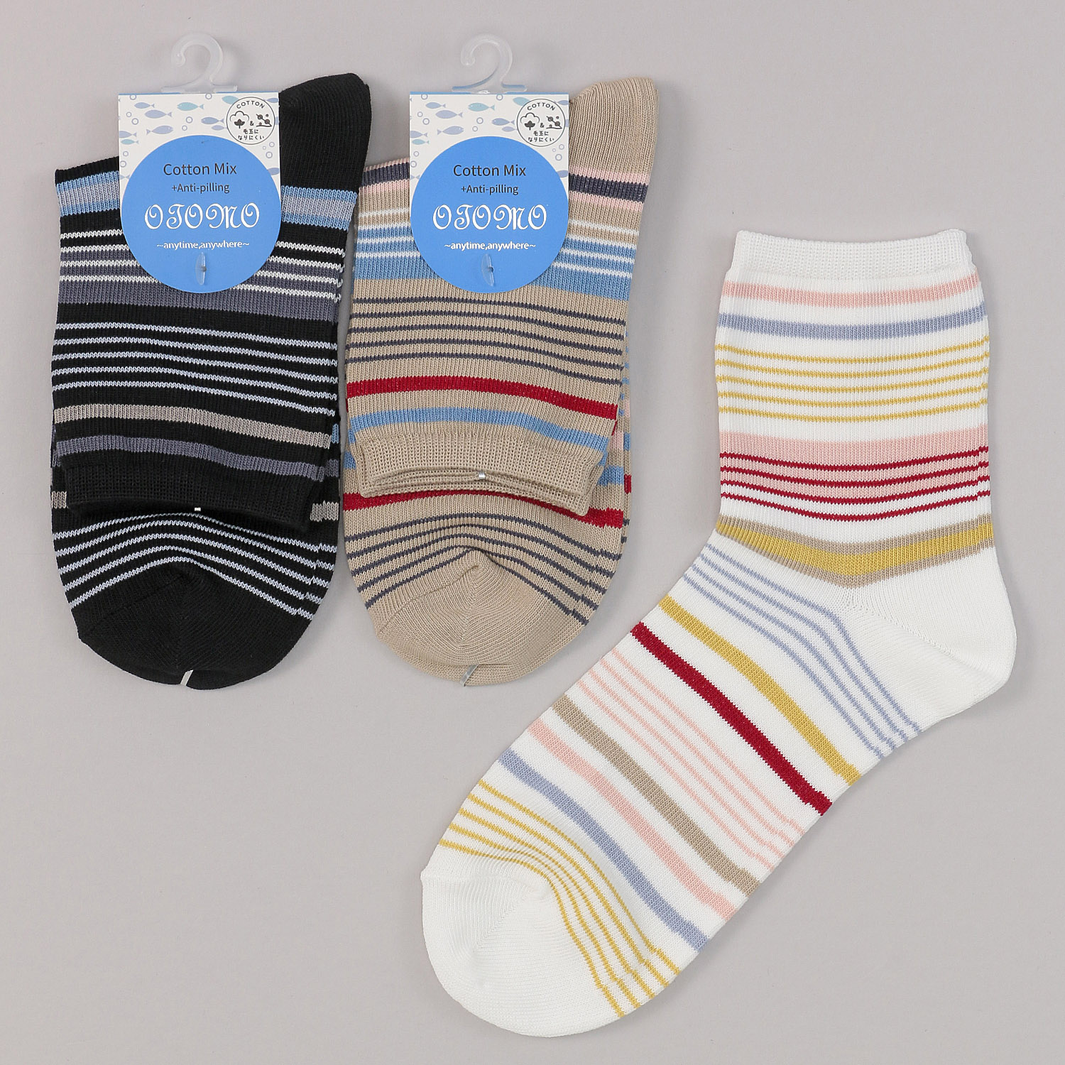 ロークルー丈 抗ピル加工 マルチボーダ－【在庫限り】