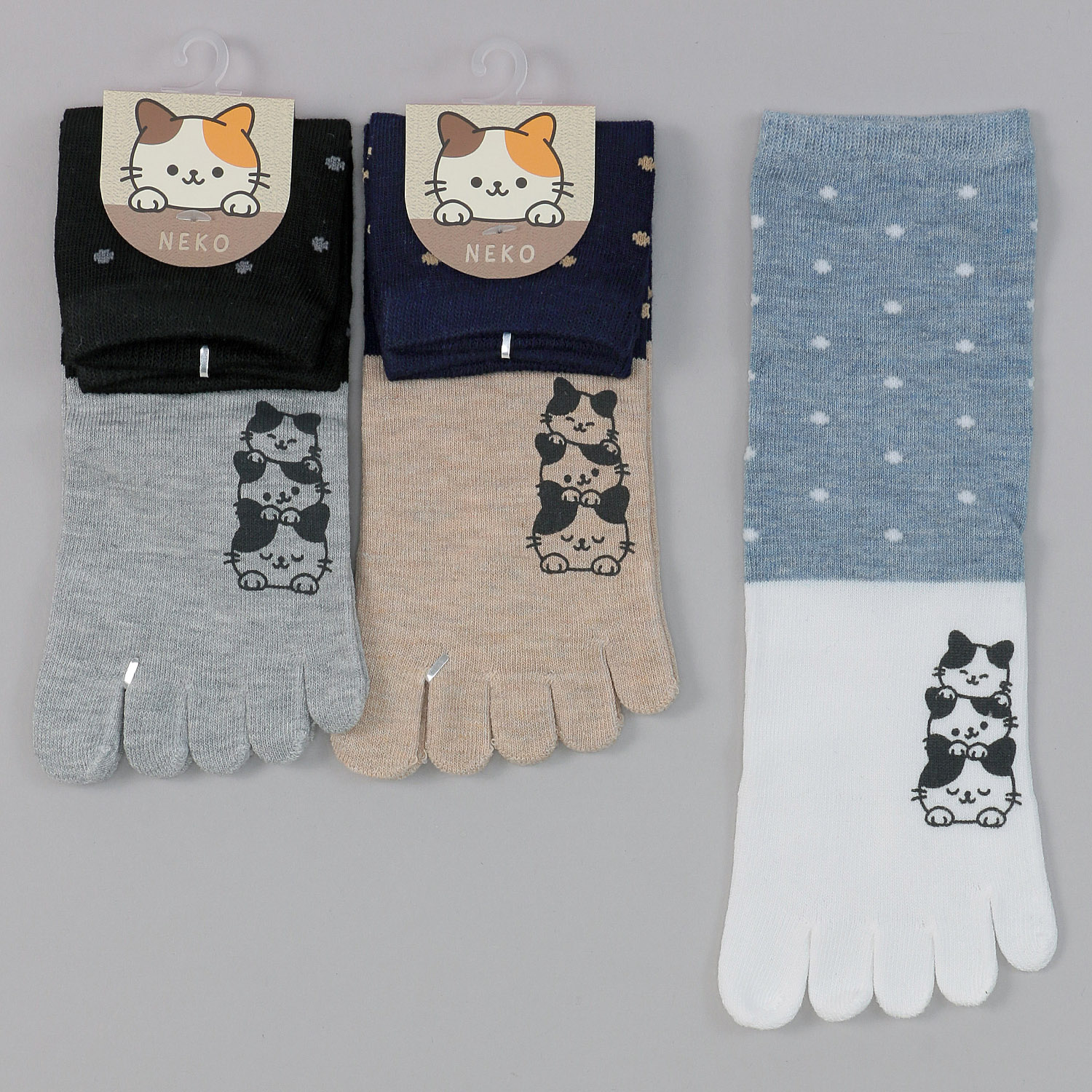 5本指  ロークルー丈 三毛猫顔料プリント ドット切替無地【在庫限り】