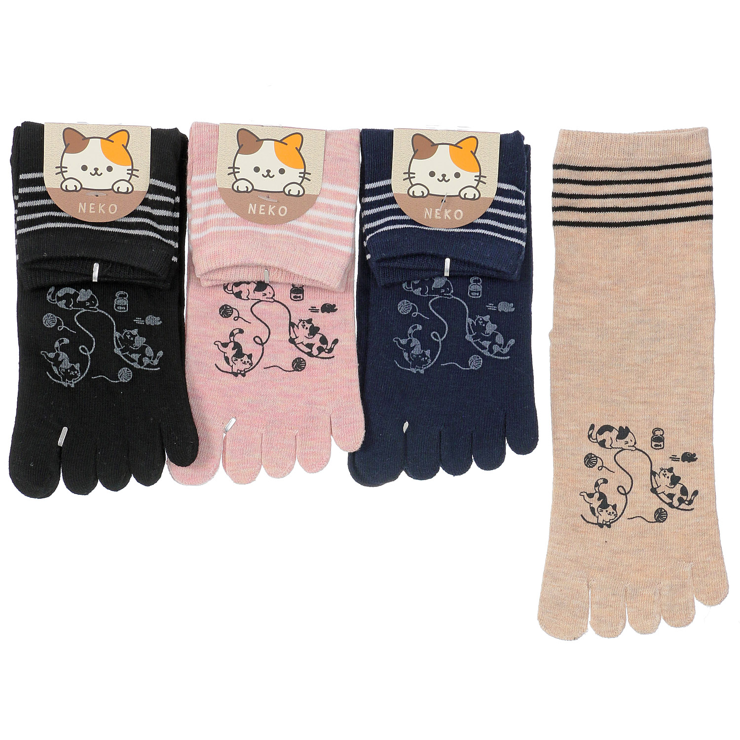 5本指 ロークルー丈 三毛猫顔料プリント ライン【在庫限り】