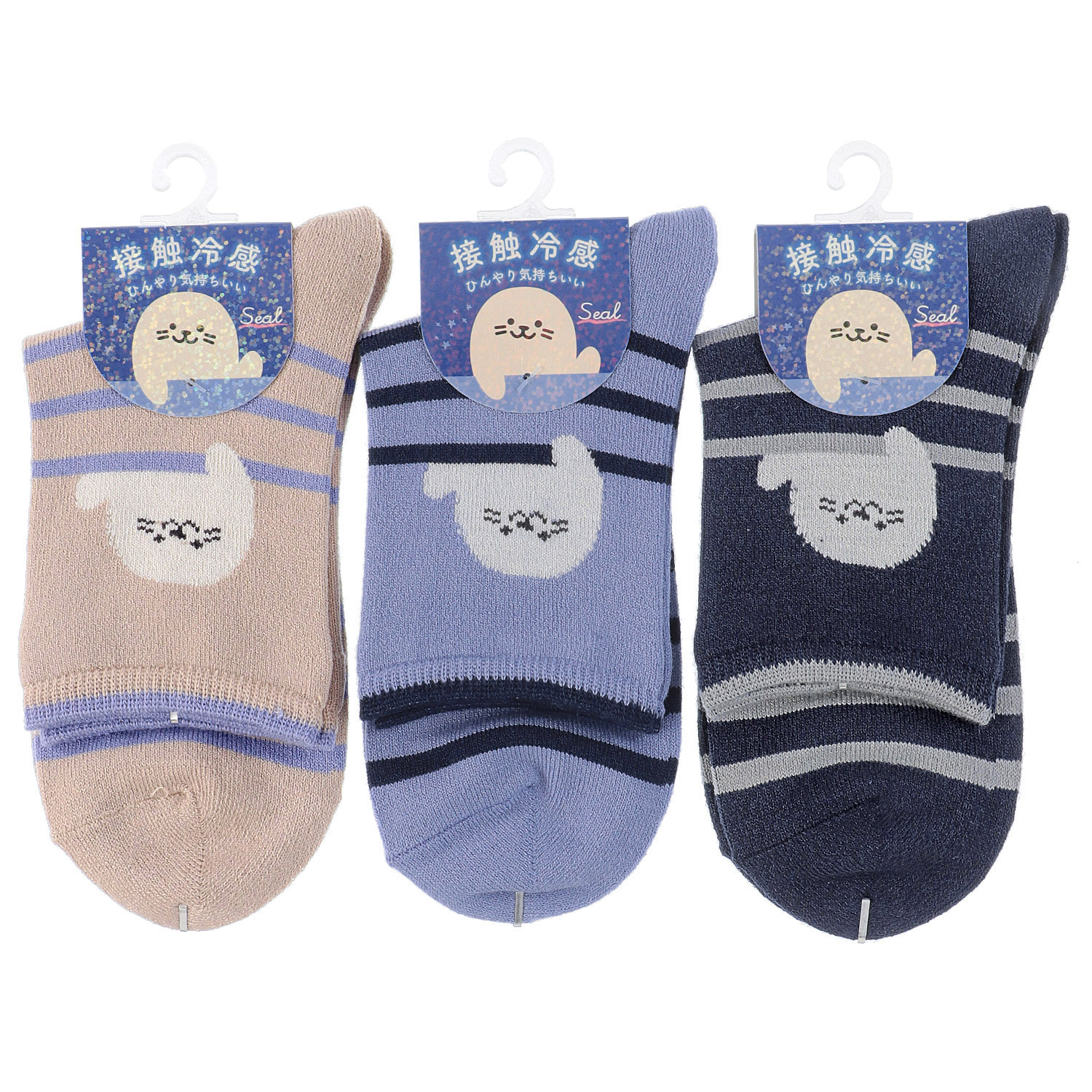 接触冷感 ロークルー丈 お手振りアザラシボーダ－【在庫限り】