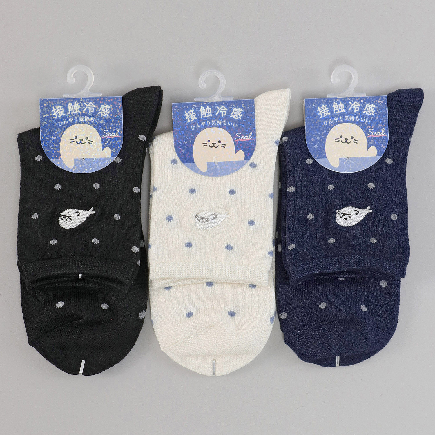 接触冷感 ロークルー丈 アザラシ刺繍ドット【在庫限り】