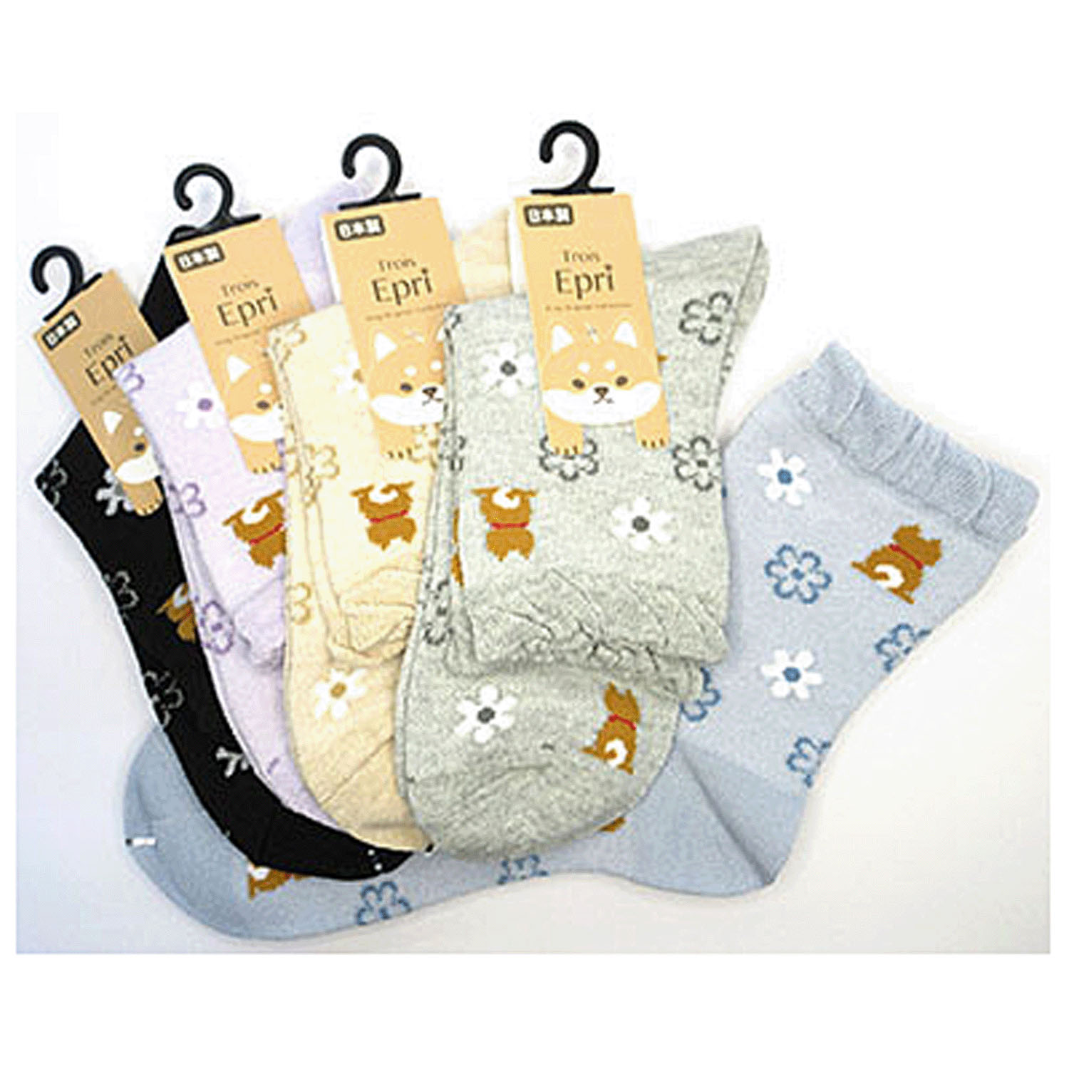 クルーソックス 総メッシュ 柴犬と花