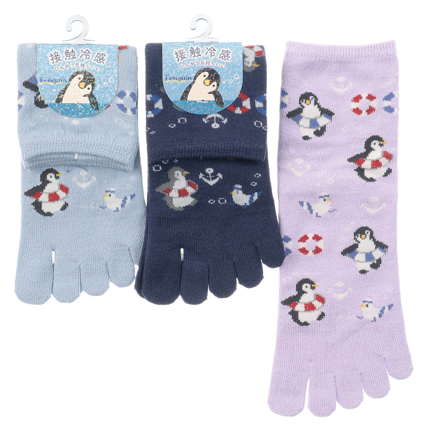 5本指 接触冷感 ロークルー丈 ペンギンと浮き輪総柄【在庫限り】
