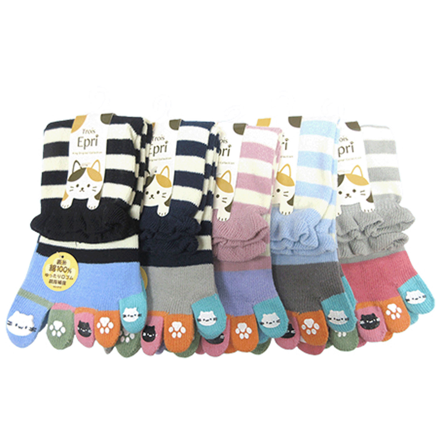 クルー丈 5本指 ボーダー＆指先猫プリント