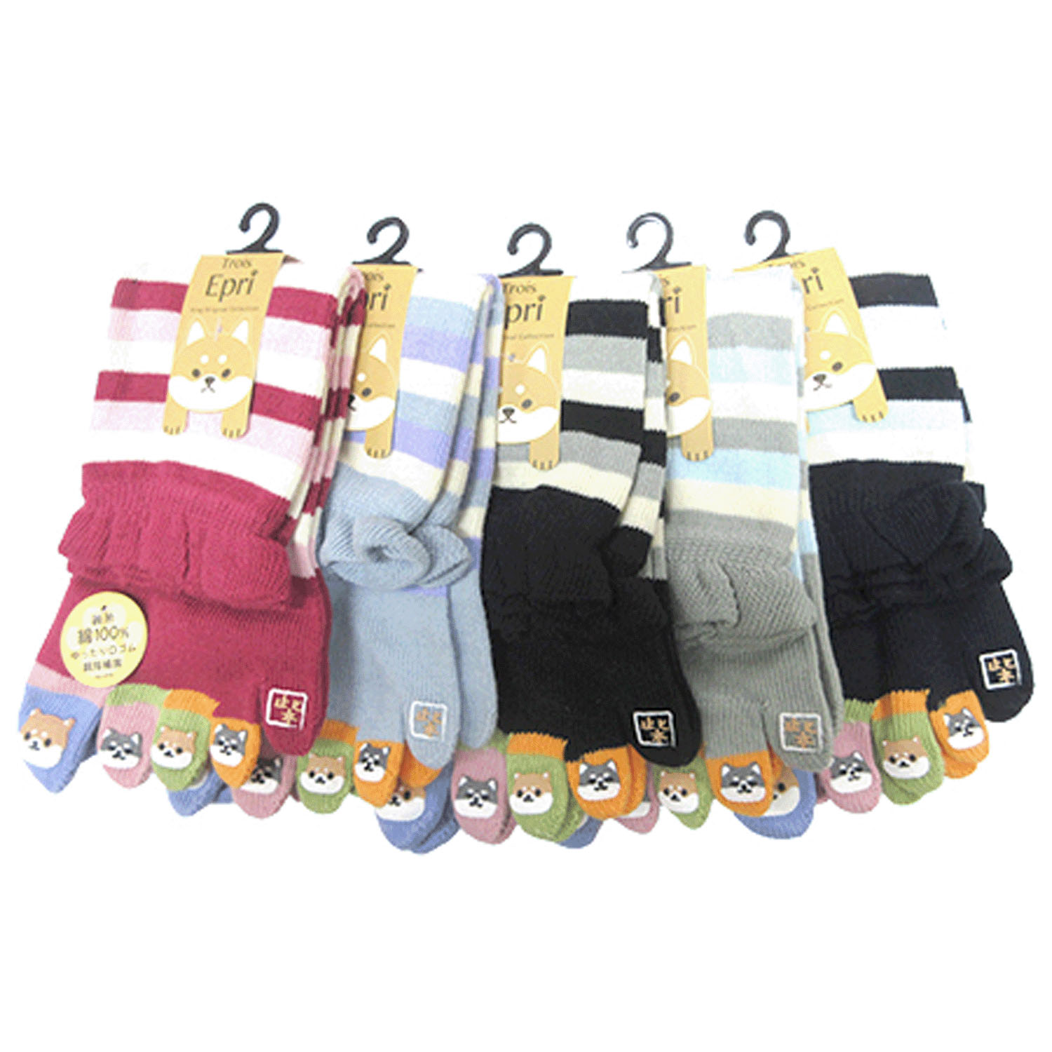 クルー丈 5本指 マルチボーダー＆指先柴犬プリント