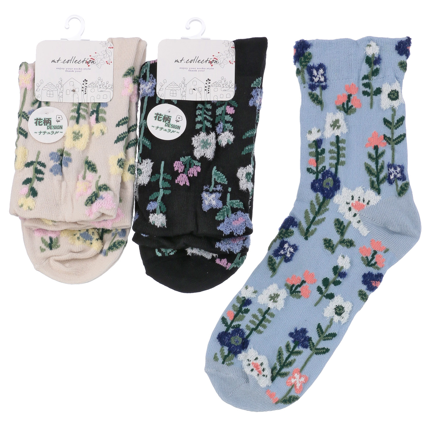 クルー丈 モール花柄 靴下【在庫限り】