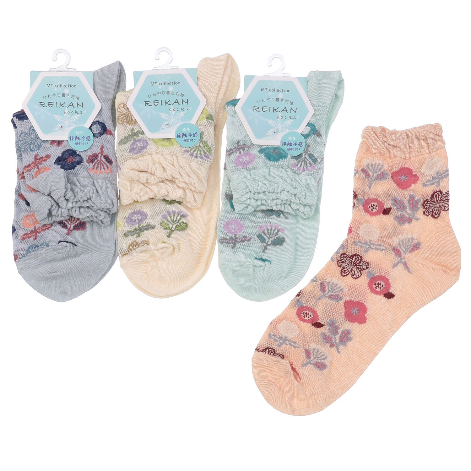 クルー丈 メッシュ   北欧風花柄 靴下