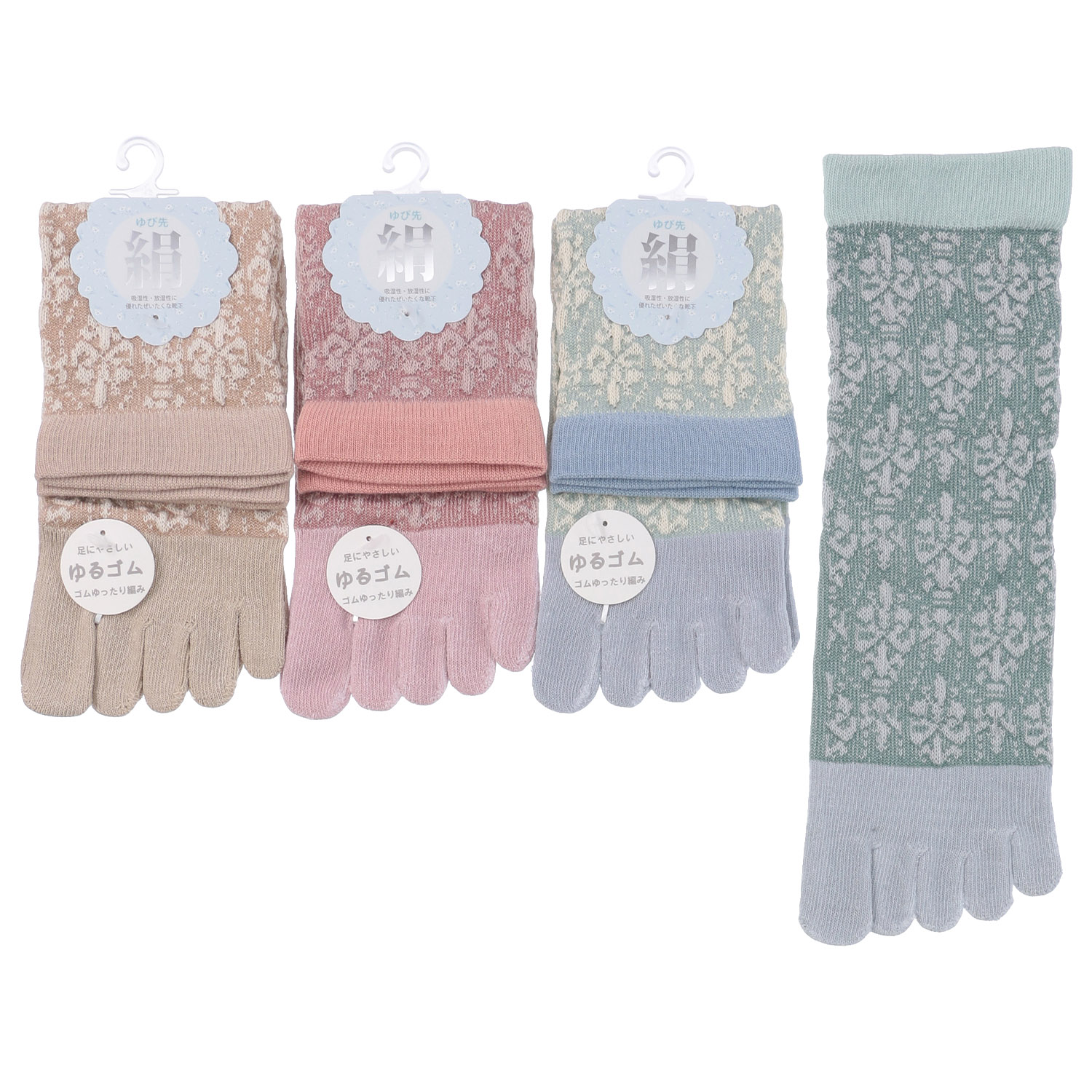 クルー丈 5本指  指先シルク 花柄 靴下