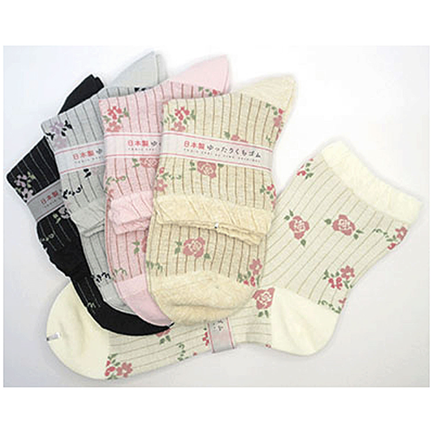 クルーソックス スパイラルストライプ＋薔薇柄