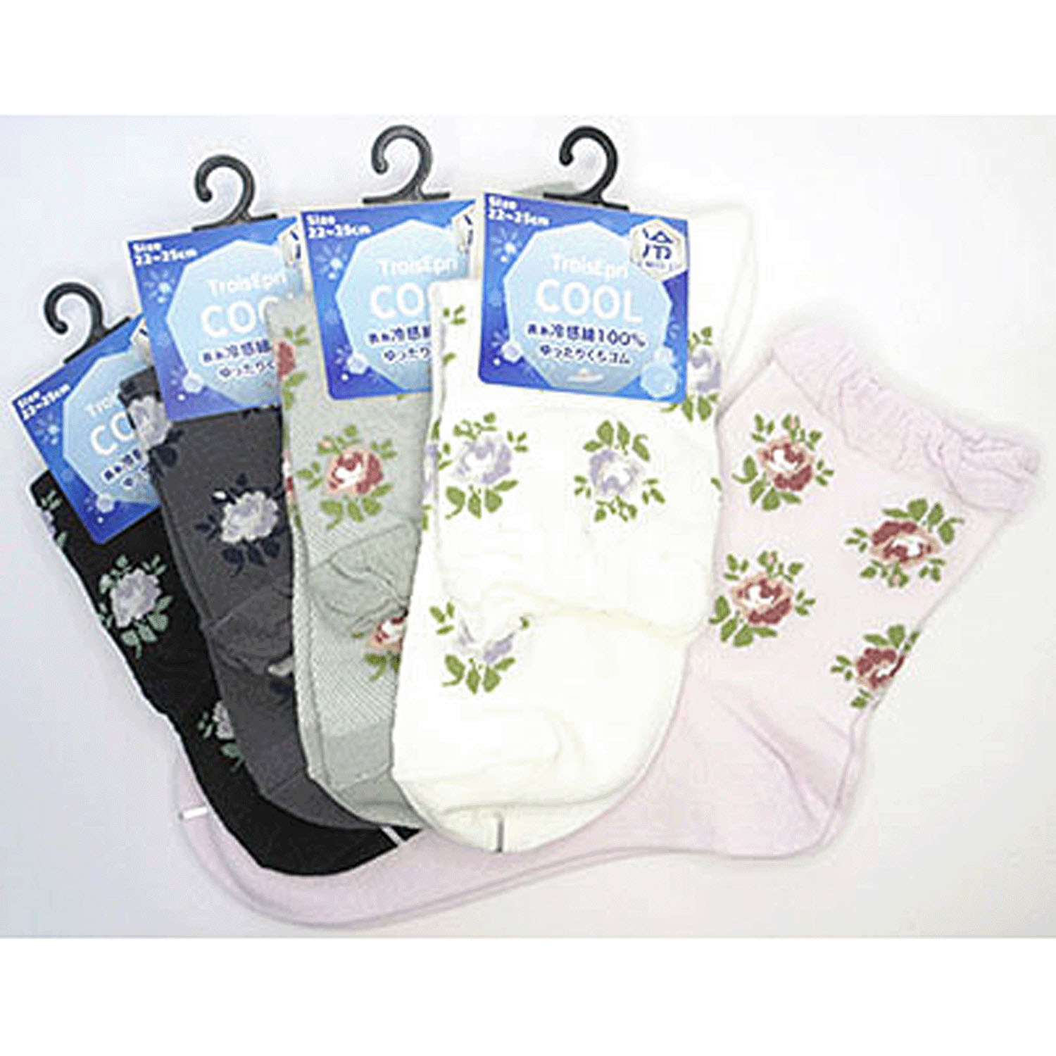 クルーソックス 冷感 総メッシュ バラ柄