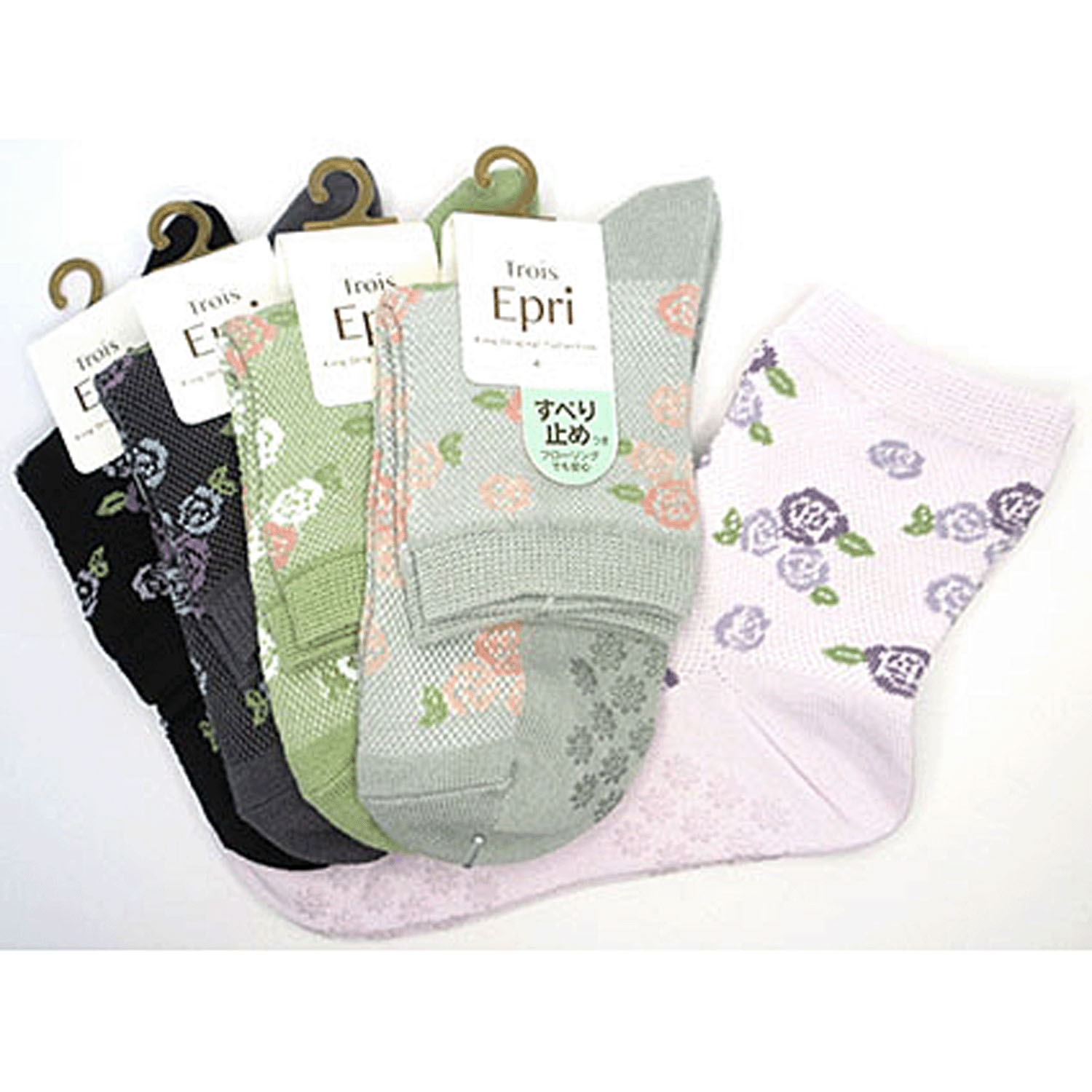 クルーソックス バラ柄 滑り止め付き