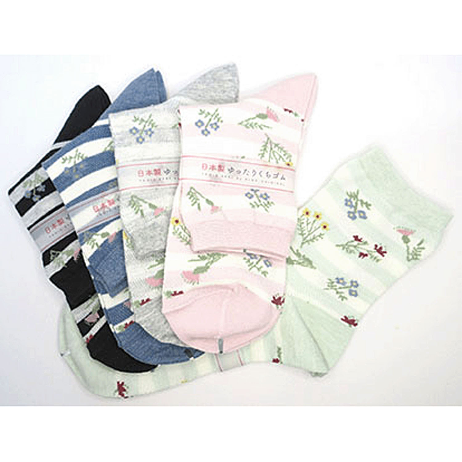 クルーソックス 総メッシュ ボーダー花柄