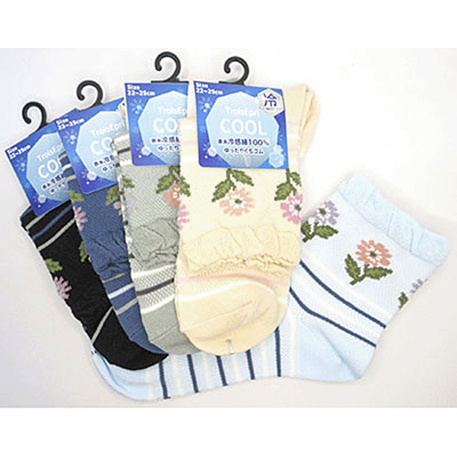 クルーソックス 総メッシュ 足首花柄＋ボーダー