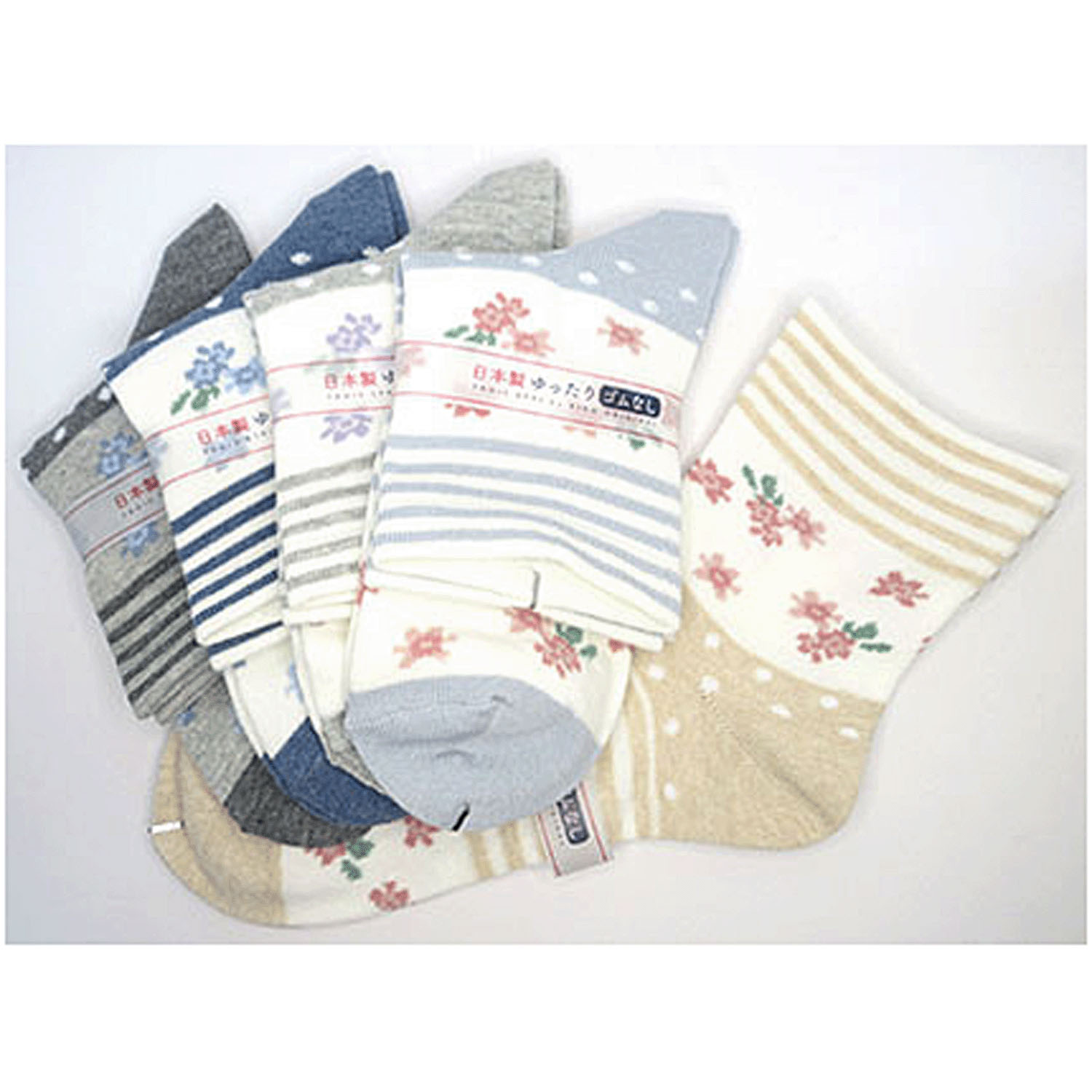 クルーソックス 小寸（21－23cm） ボーダー花柄ドット