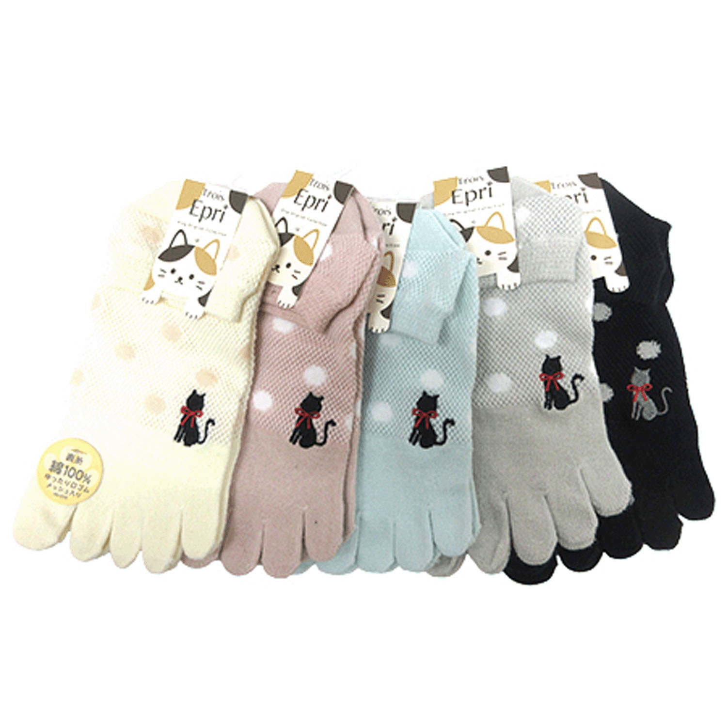 5本指 総メッシュ ドット＆猫刺繍入り