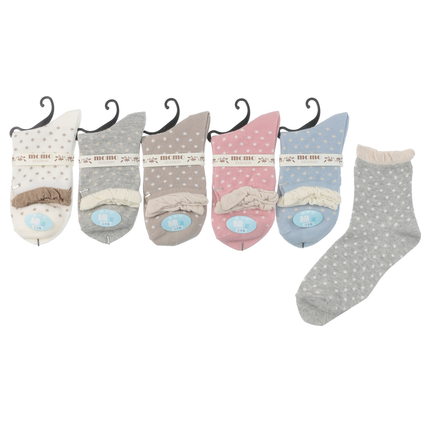 クルー 履き口フリル ドット柄 靴下