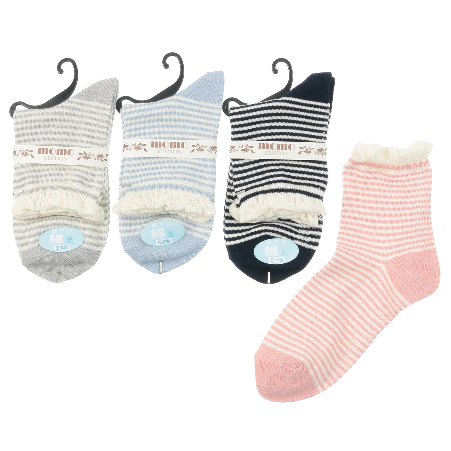 クルー 履き口フリル ボーダー 靴下