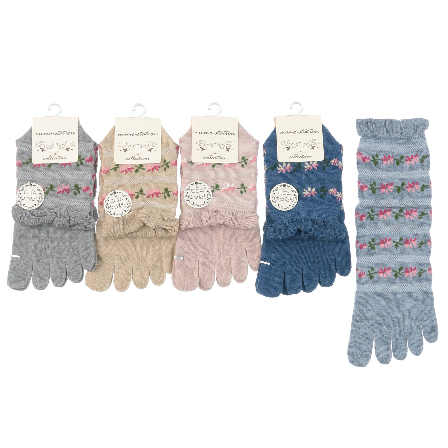 5本指 クルー 花ライン 靴下