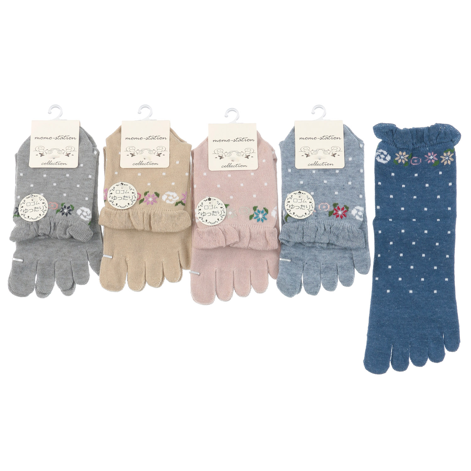 5本指 クルー 花ドット 靴下