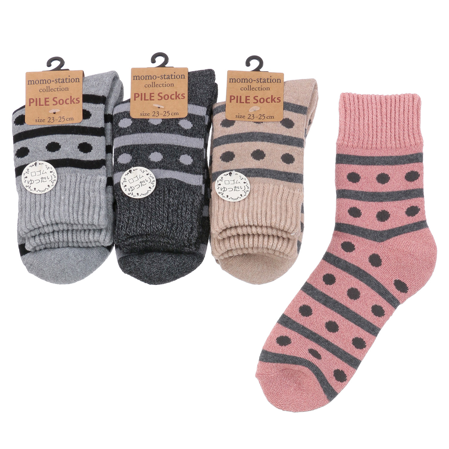 クルー丈 綿混 パイル 水玉切替  靴下【在庫限り】