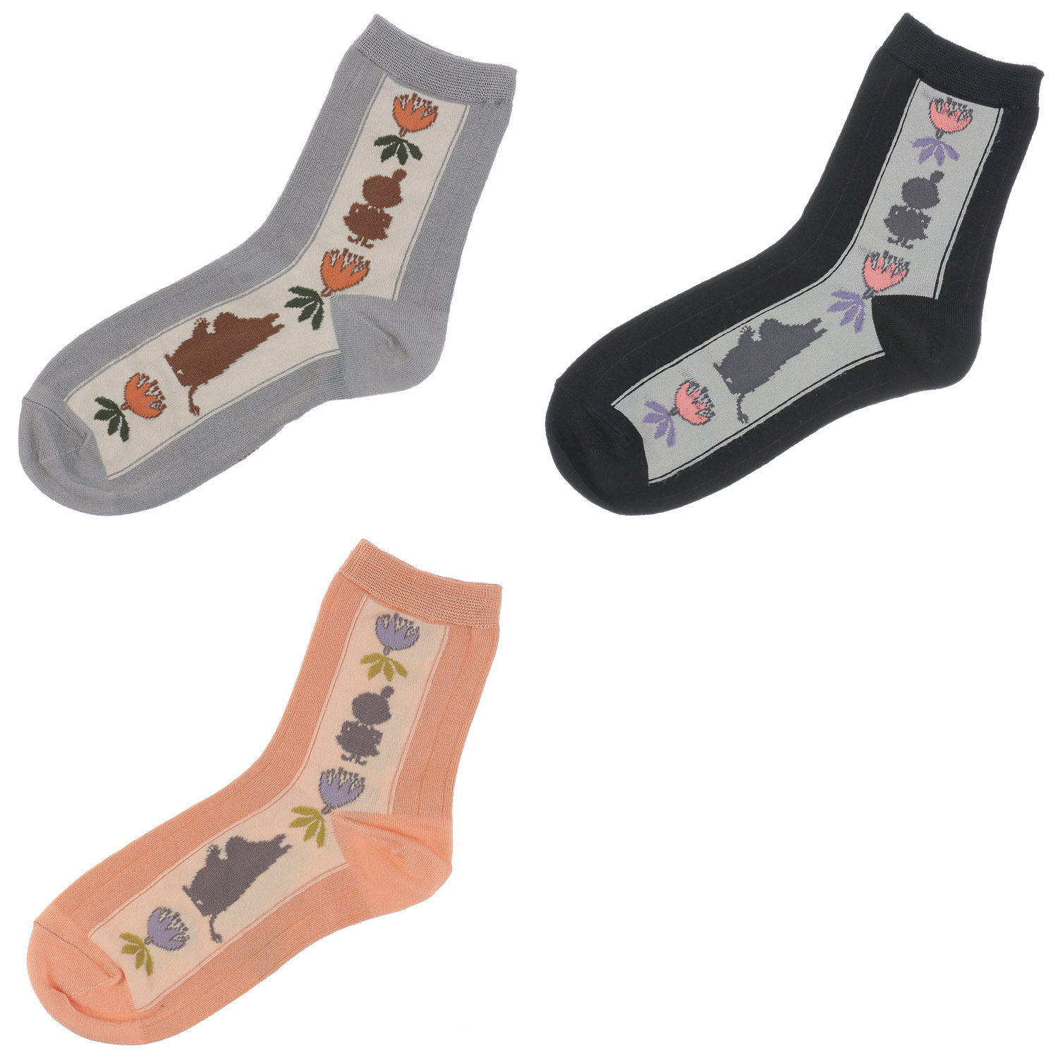 MOOMIN ロークルーソックス 光沢綿 シルエット縦ライン【在庫限り】