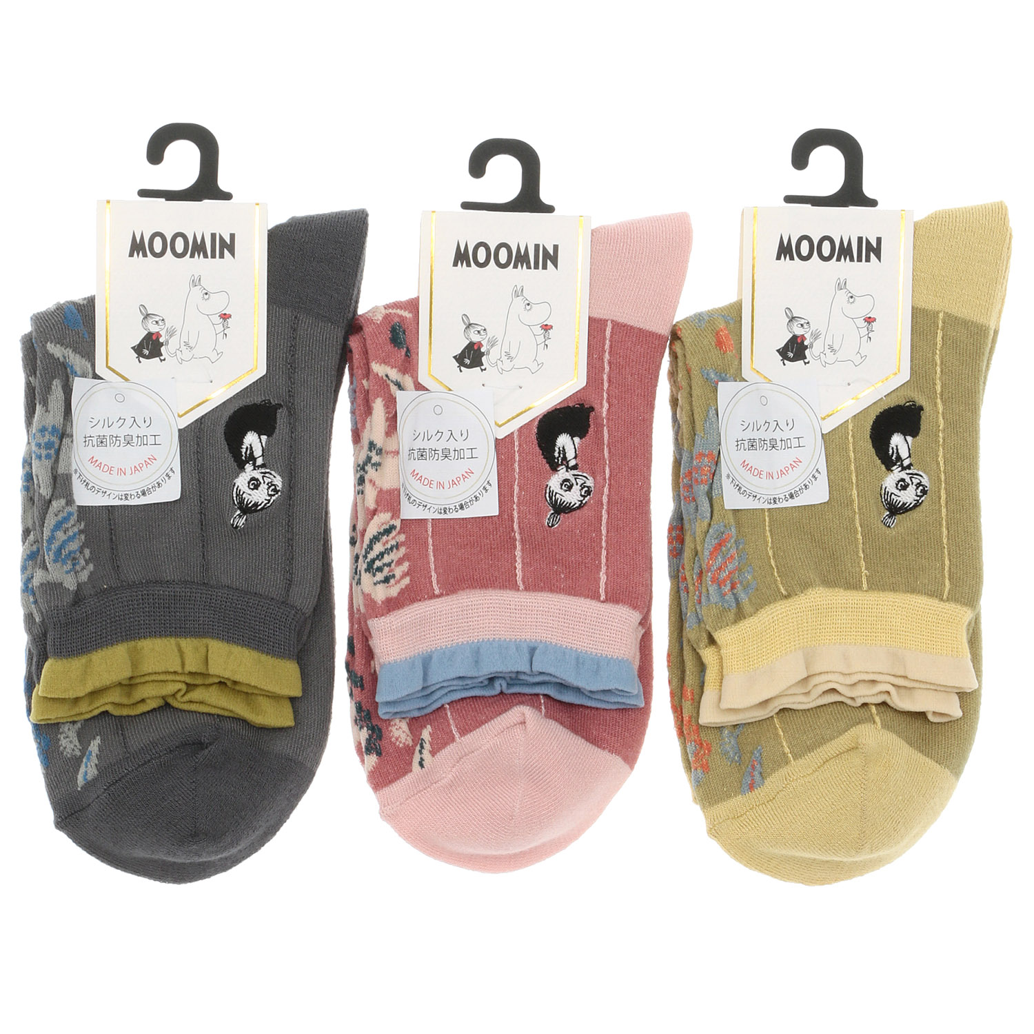 日本製 MOOMINロークルーソックス シルク入り 逆スパセンター花 ミムラ刺繍【在庫限り】