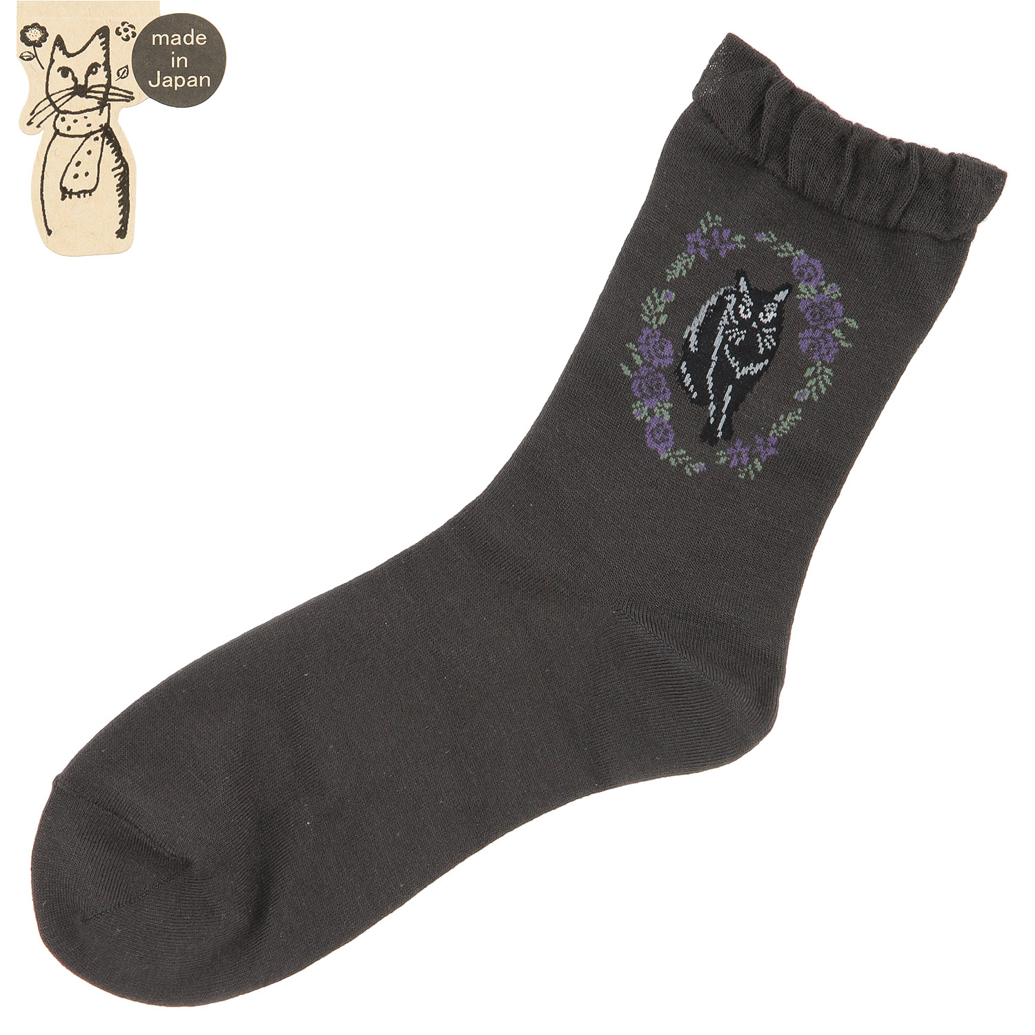 クルー丈 猫ソックス お花と猫【在庫限り】