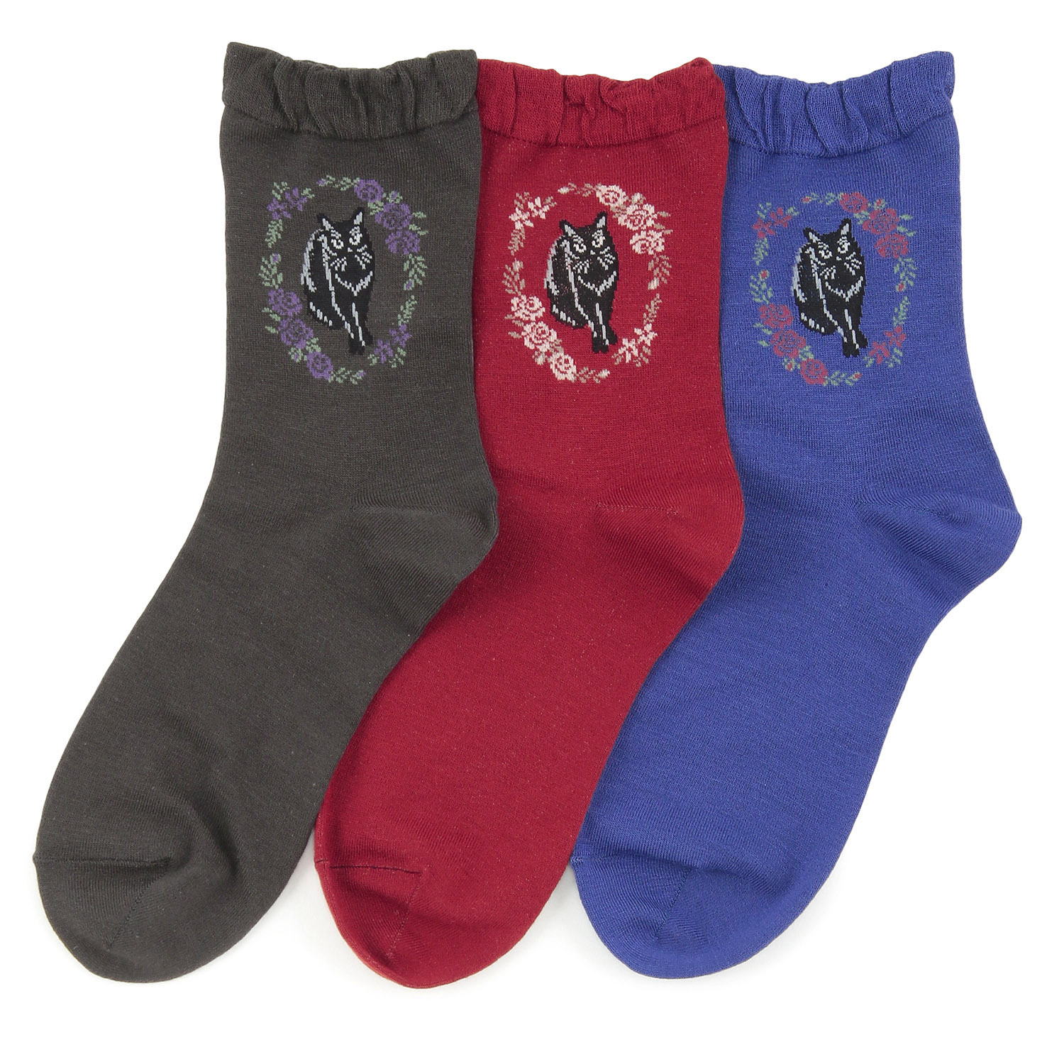 クルー丈 猫ソックス お花と猫【在庫限り】