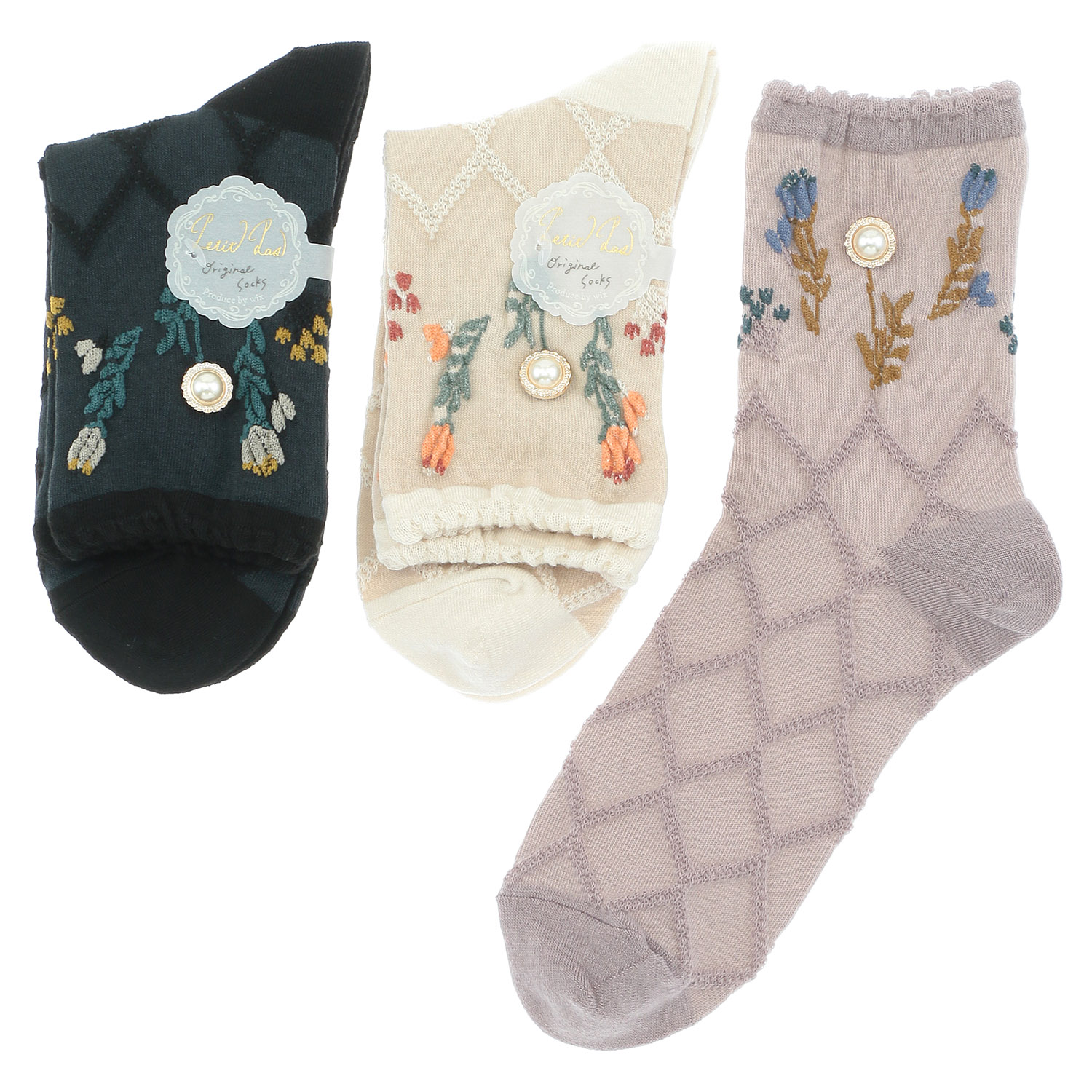 プティパ ロークルー丈 足首フラワー ビジュー付き 靴下【在庫限り】