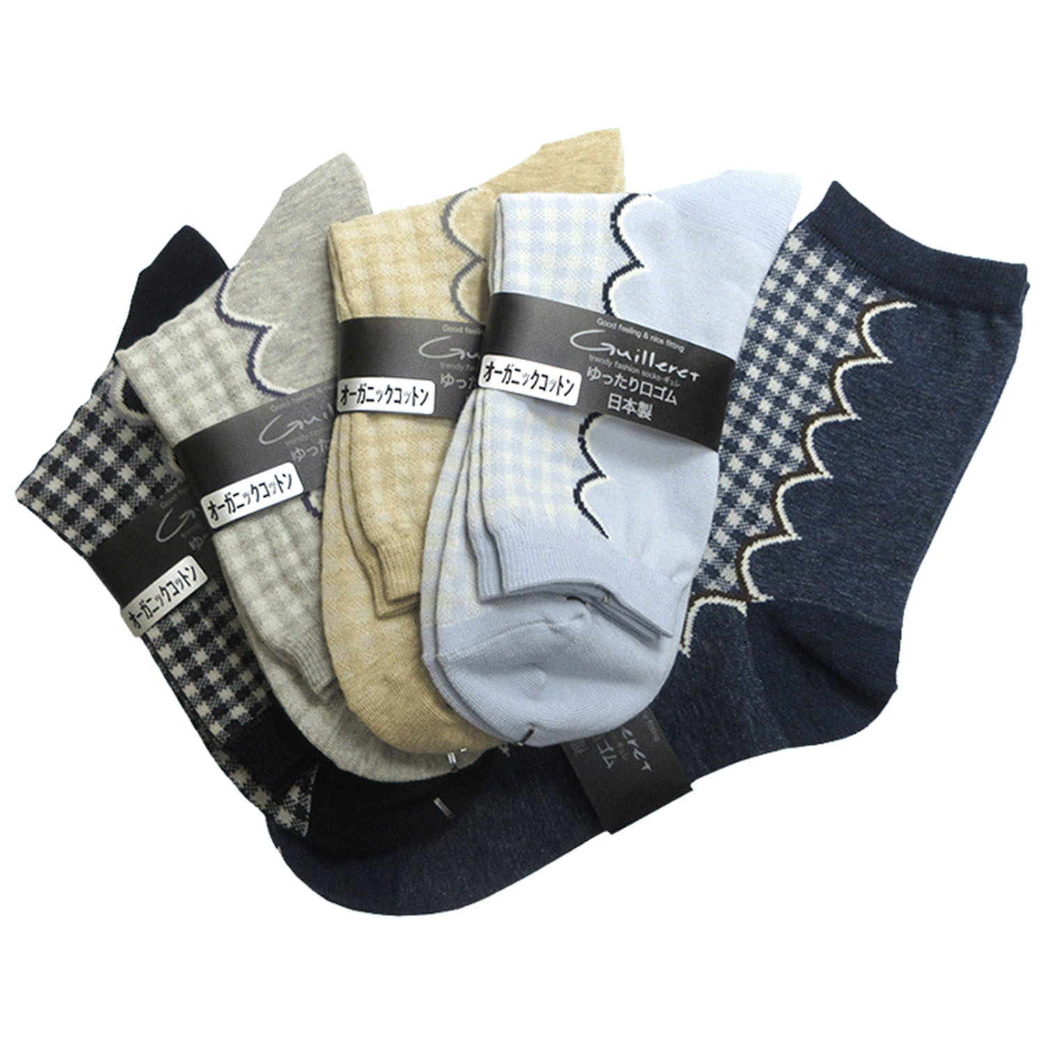 ギュレ オーガニックコットン ギンガムチェック＆スカラップ柄ソックス