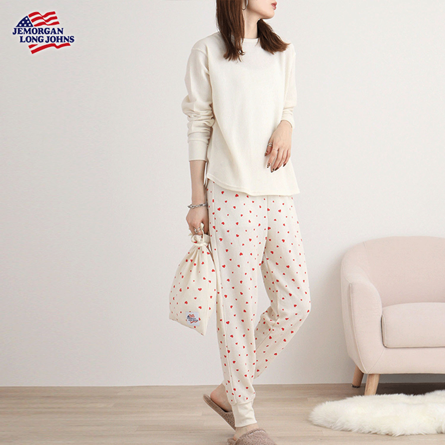 【JEMORGAN LONG JOHNS】ハート柄ワッフルルームウェア3点セット - 画像25