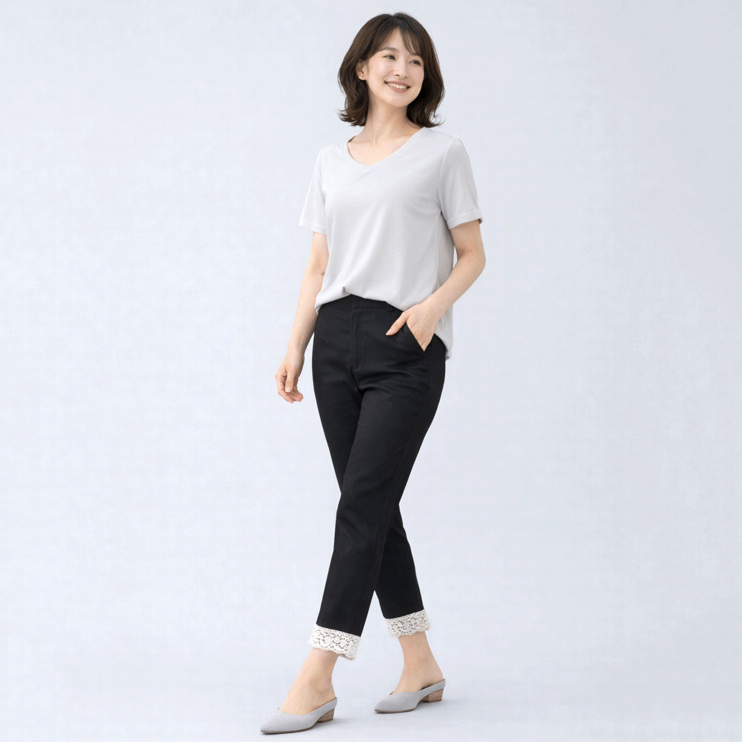 ポリエステルハイテンション 裾レースアンクルパンツ - 画像4