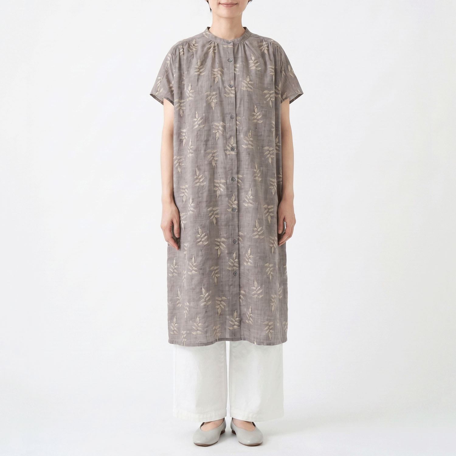綿レーヨンリーフ柄前開きワンピース