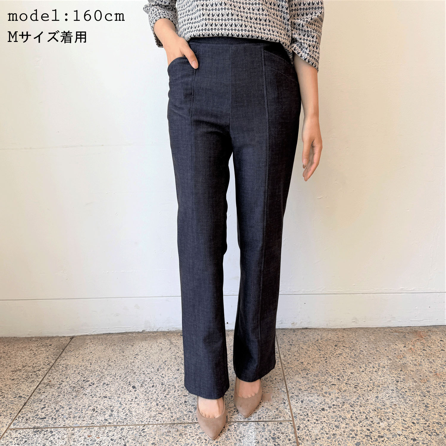 フィットパンツ通年素材 デニムプリント 股下72cm丈