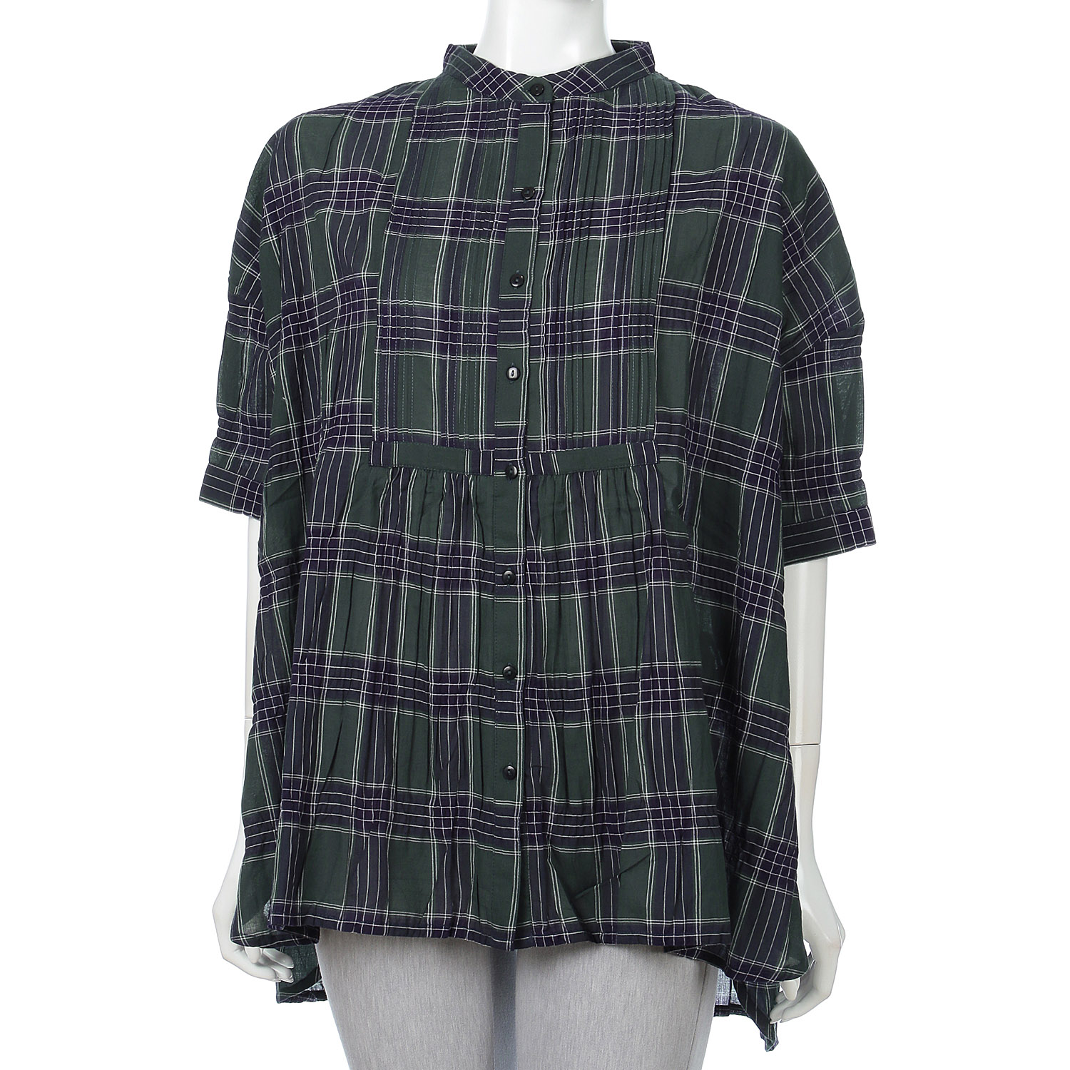 【LUPILIEN】PU MIXチェック ピンタック ドロップショルダー ワイド ブラウス - 画像2