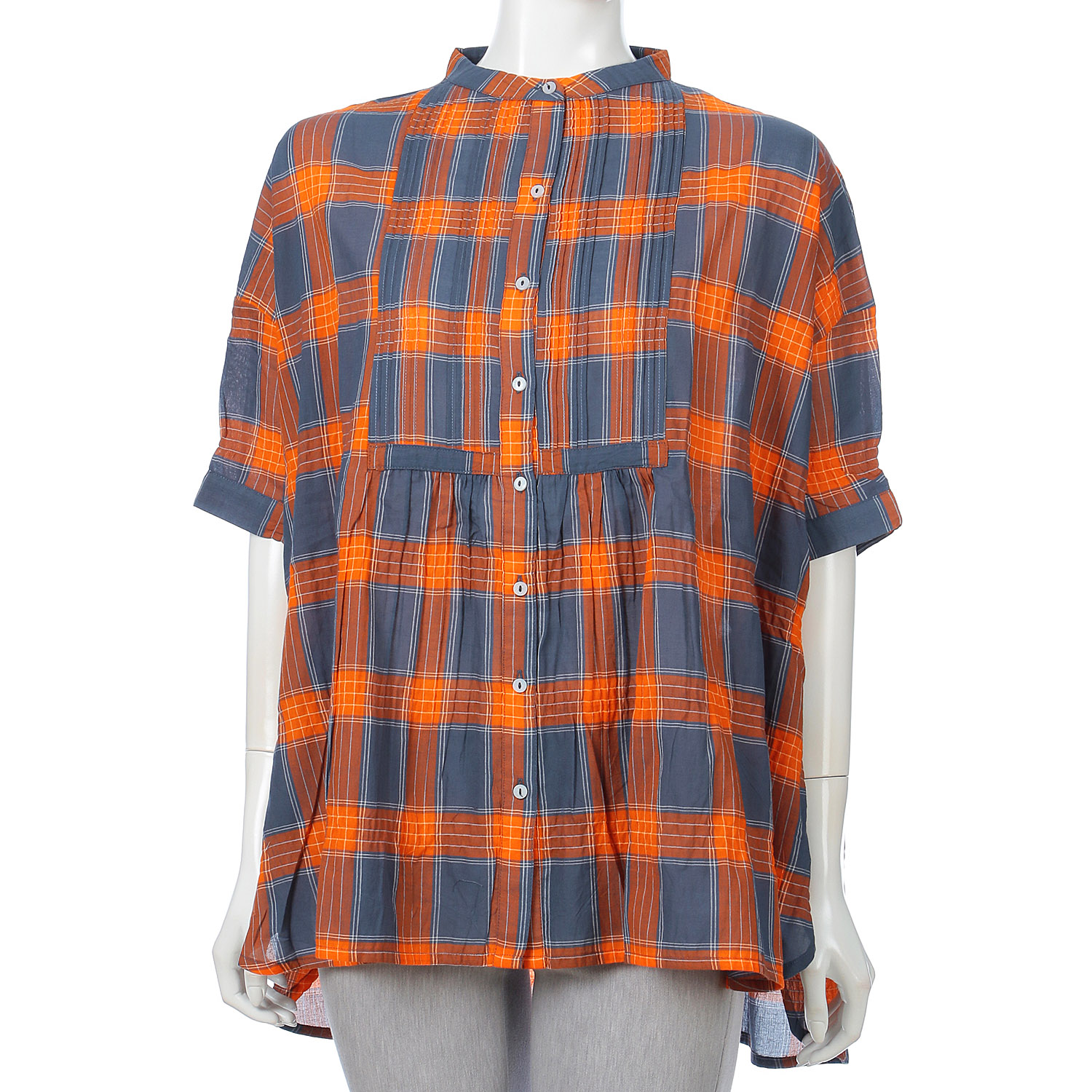 【LUPILIEN】PU MIXチェック ピンタック ドロップショルダー ワイド ブラウス - 画像3