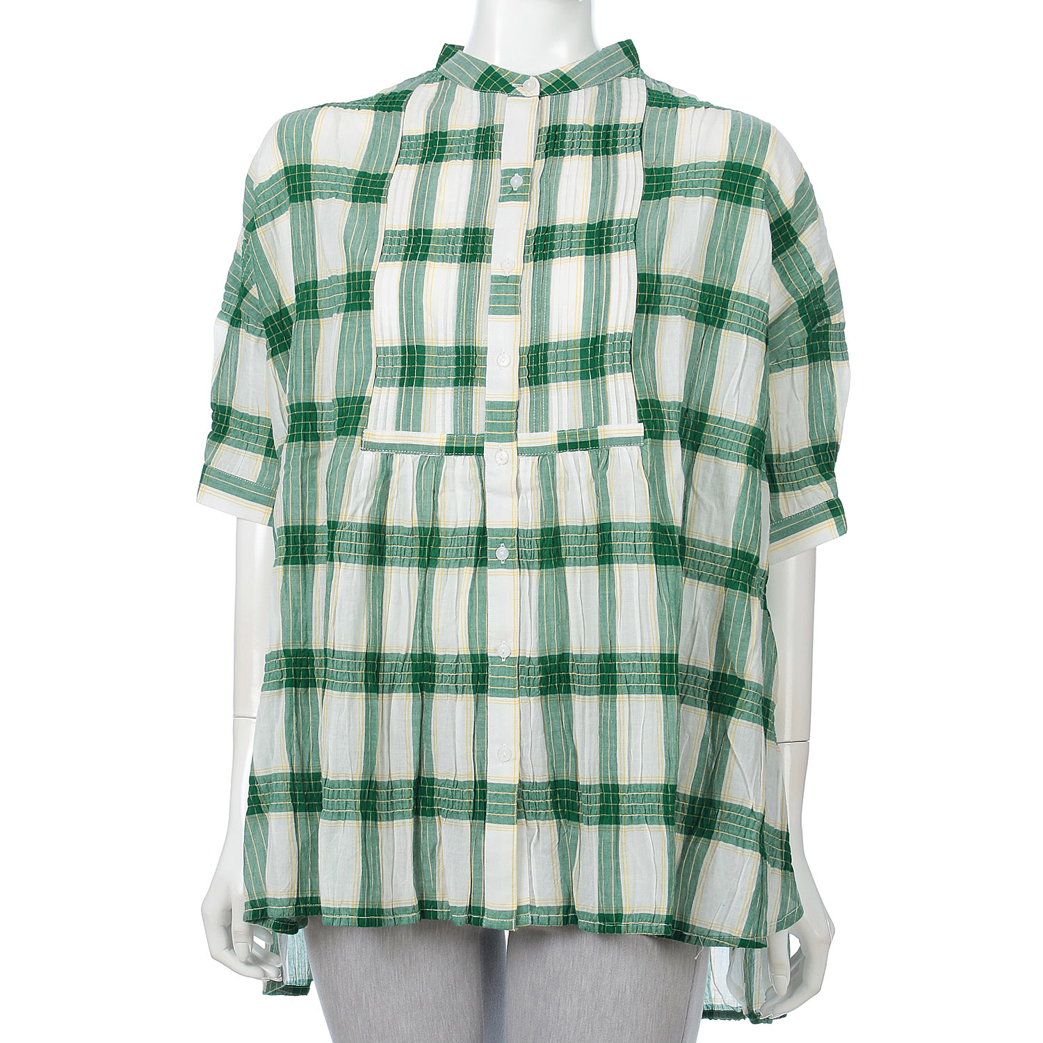 【LUPILIEN】PU MIXチェック ピンタック ドロップショルダー ワイド ブラウス