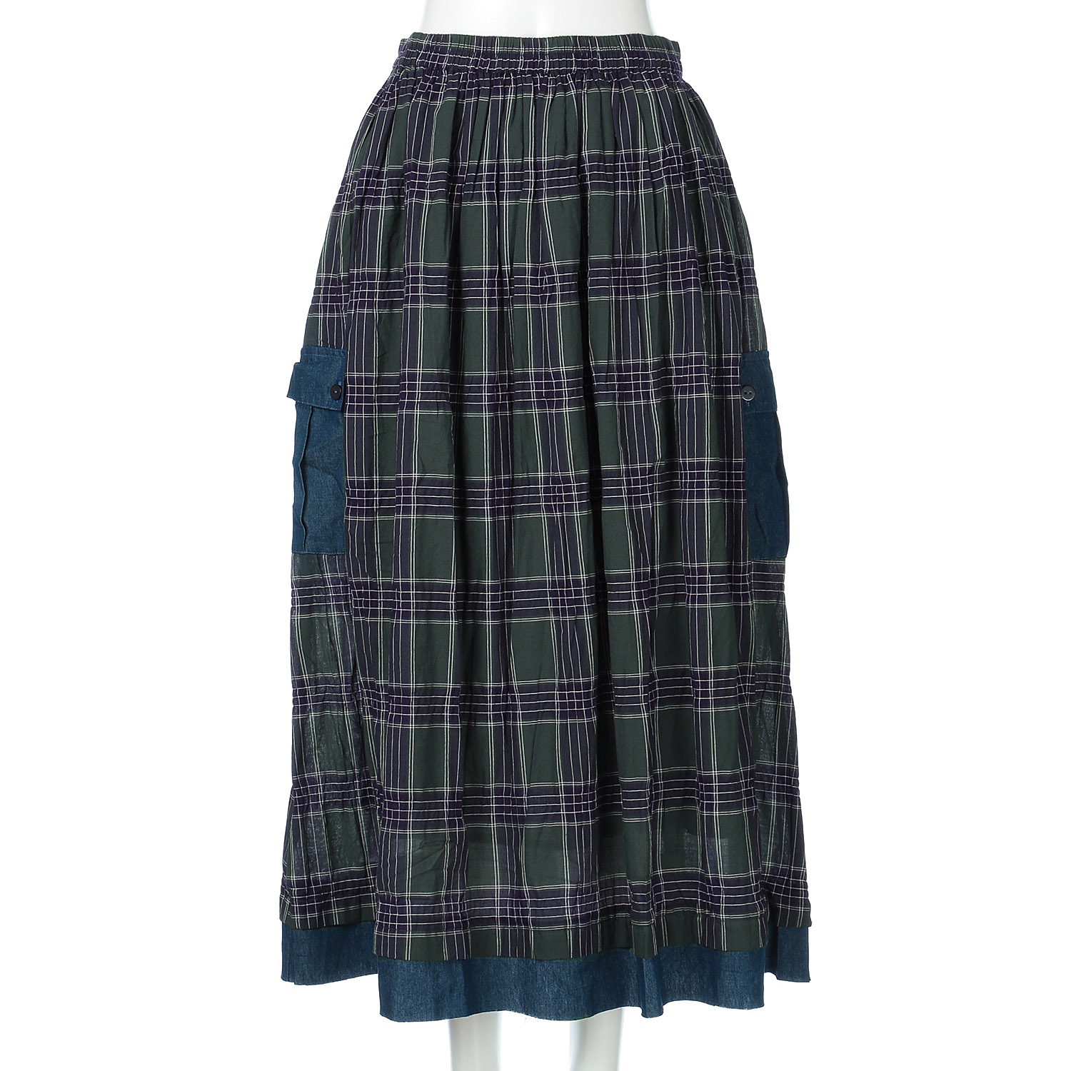 【LUPILIEN】PU MIXチェック サイドデニムカーゴポケット ロングスカート - 画像5