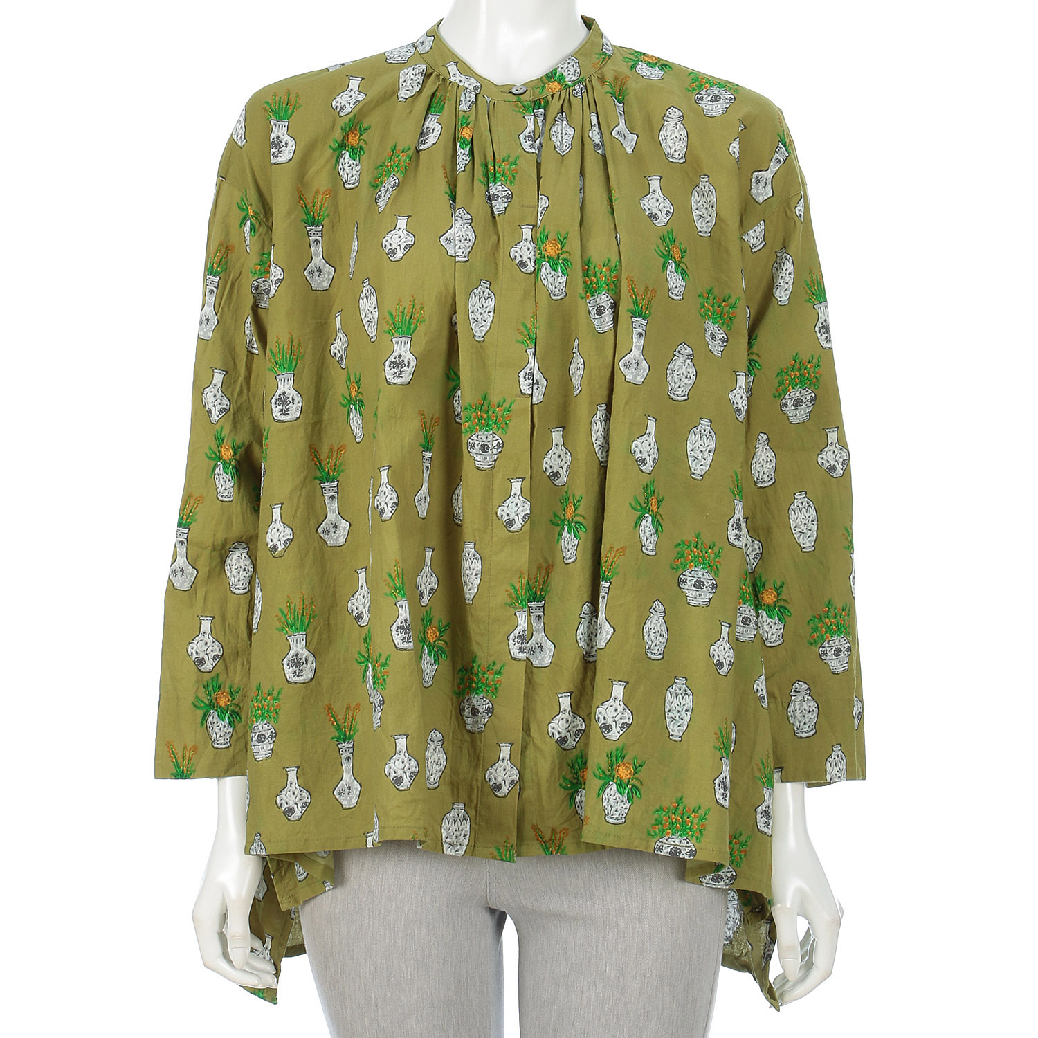 フラワーポットプリントヘンケイヘムスタンドカラーシャツ - 画像3