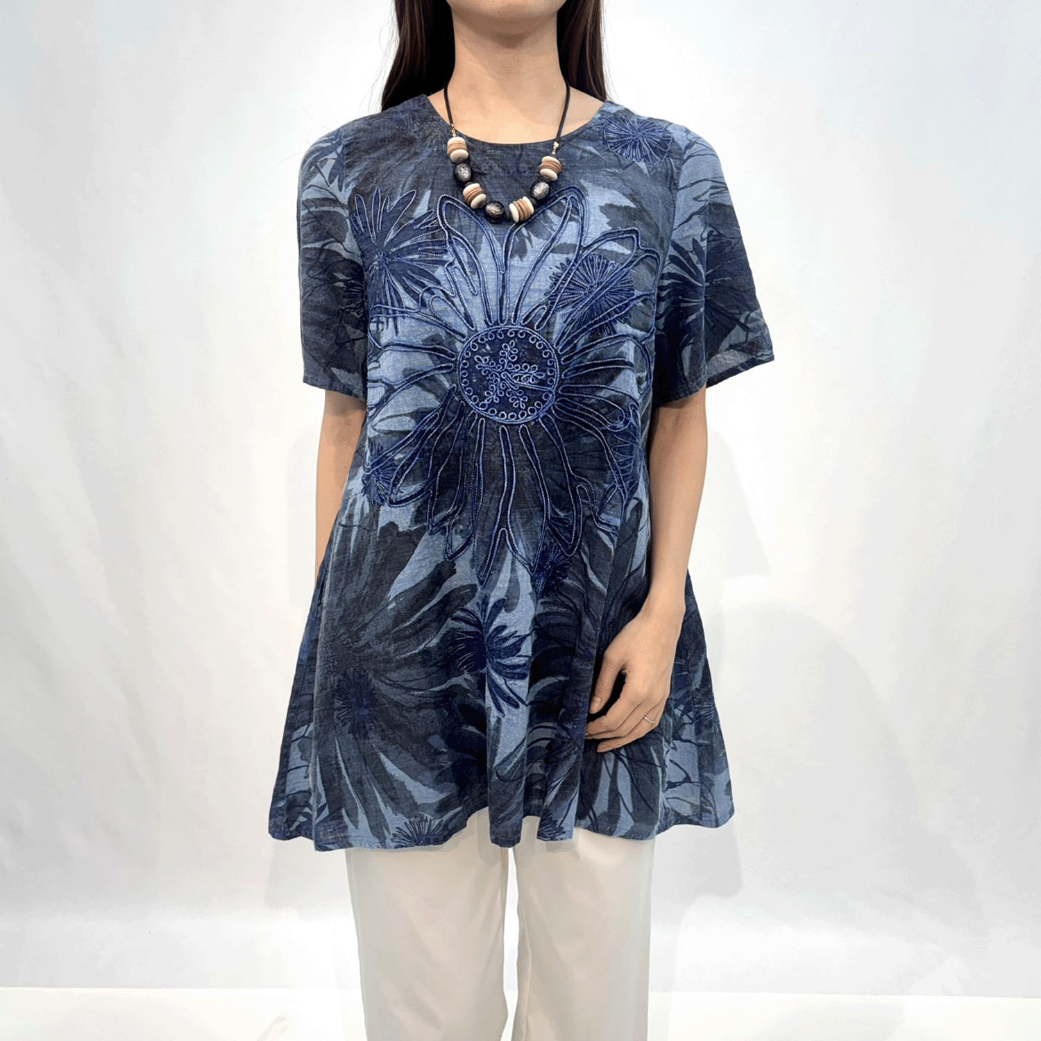 綿100％花柄コード刺繍チュニック