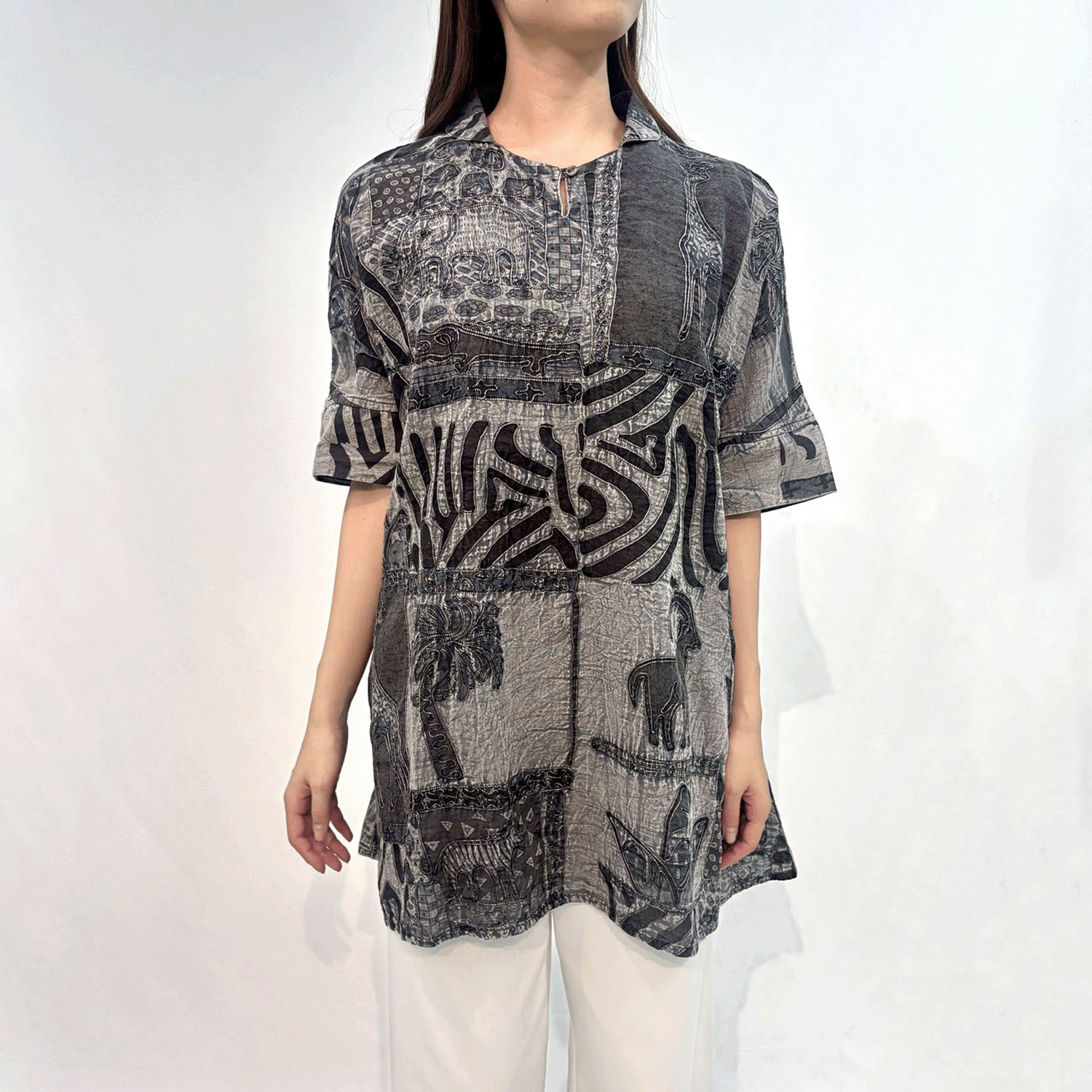 綿麻アニマル柄刺繍チュニック