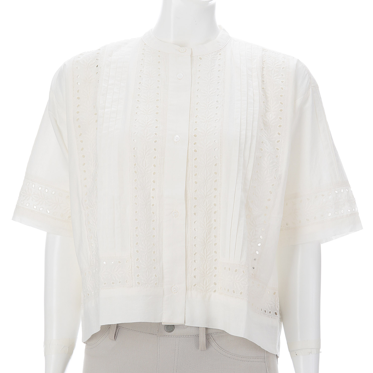 レース使い6分袖バンドカラーシャツ