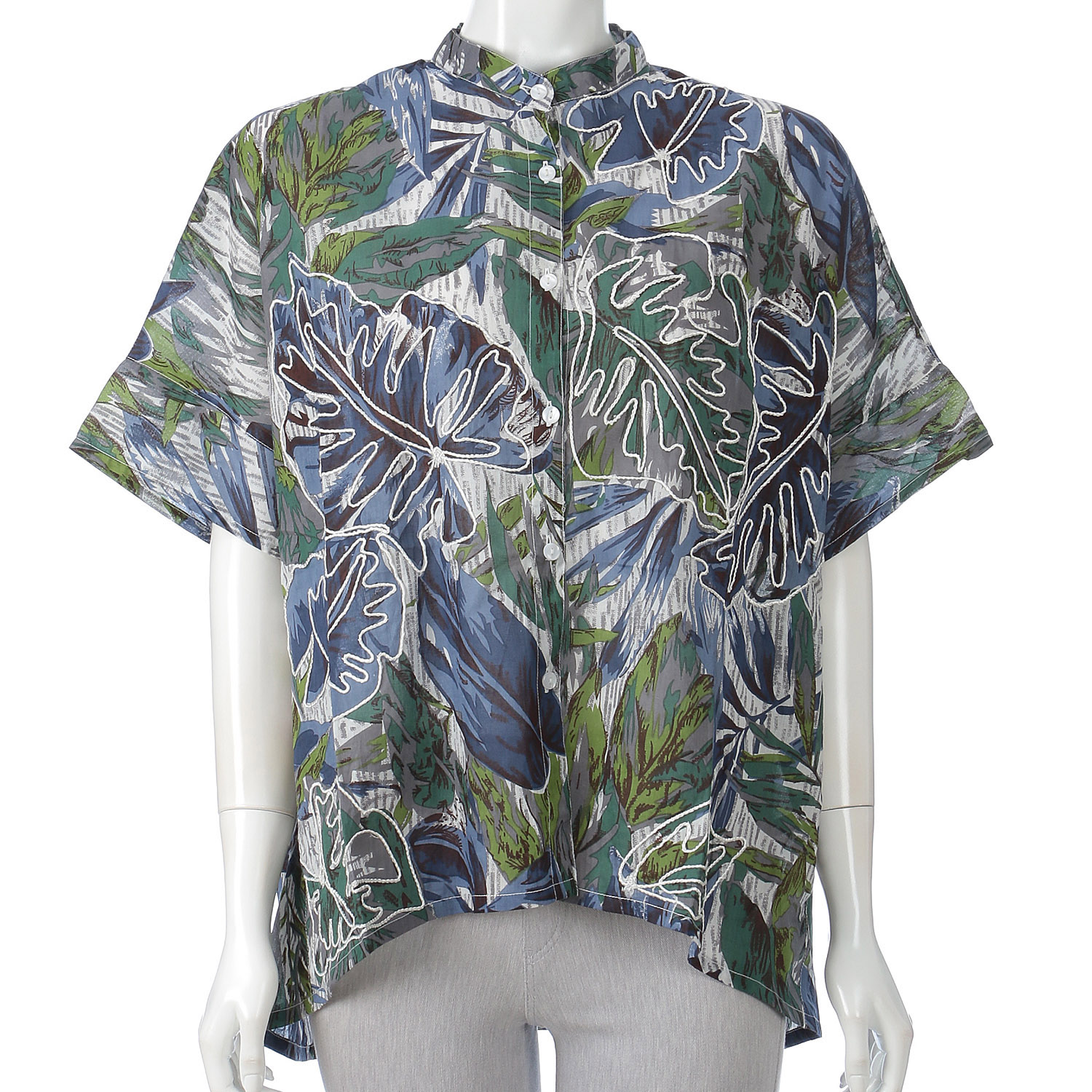 総プリント刺繍オープンドルマンブラウス