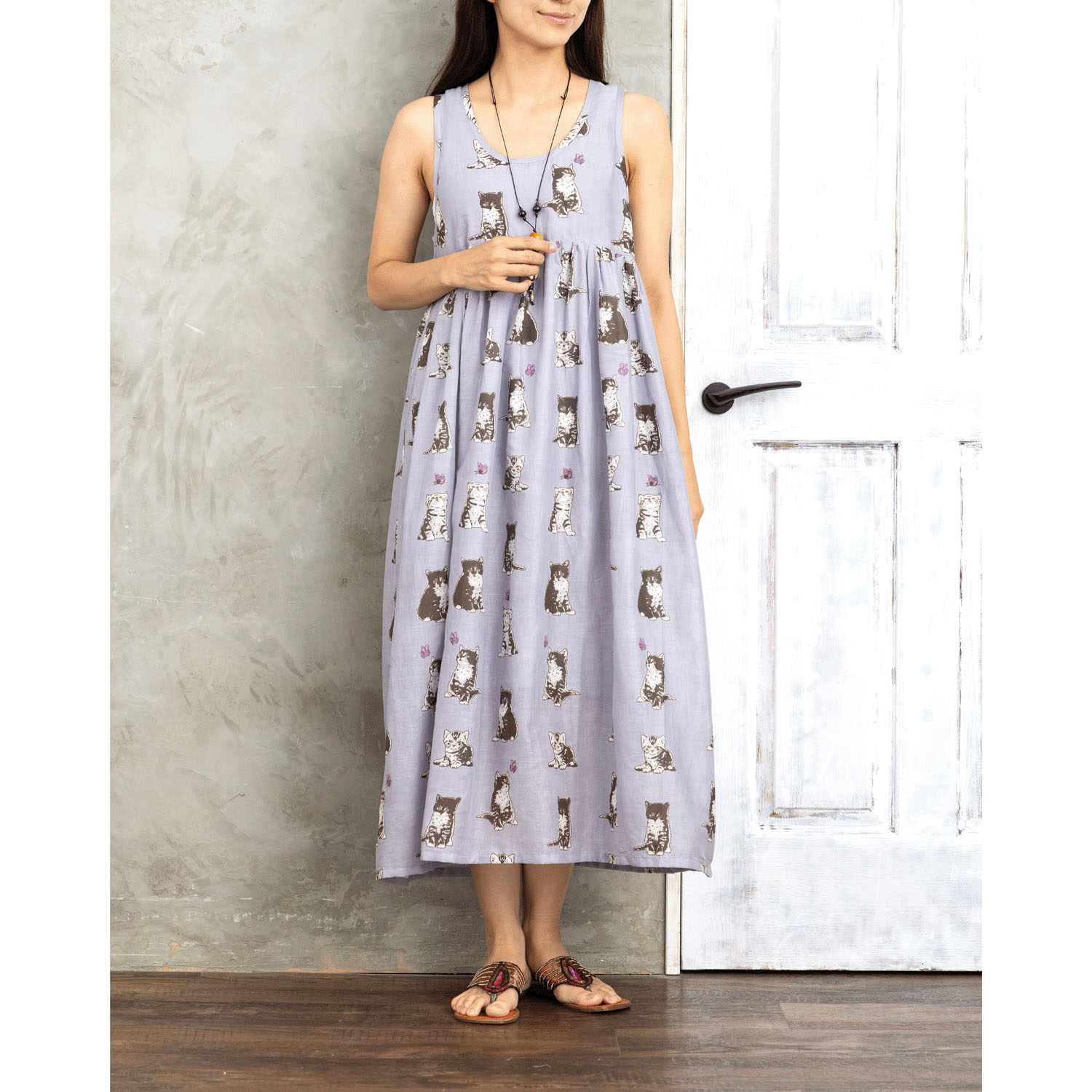 CUAインド綿 ネコ柄ワンピース