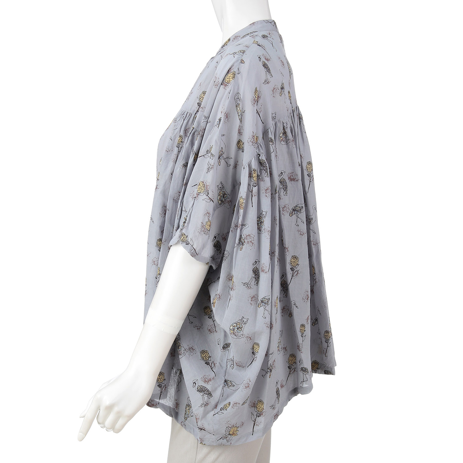 鳥花プリント ワイドギャザーブラウス - 画像2