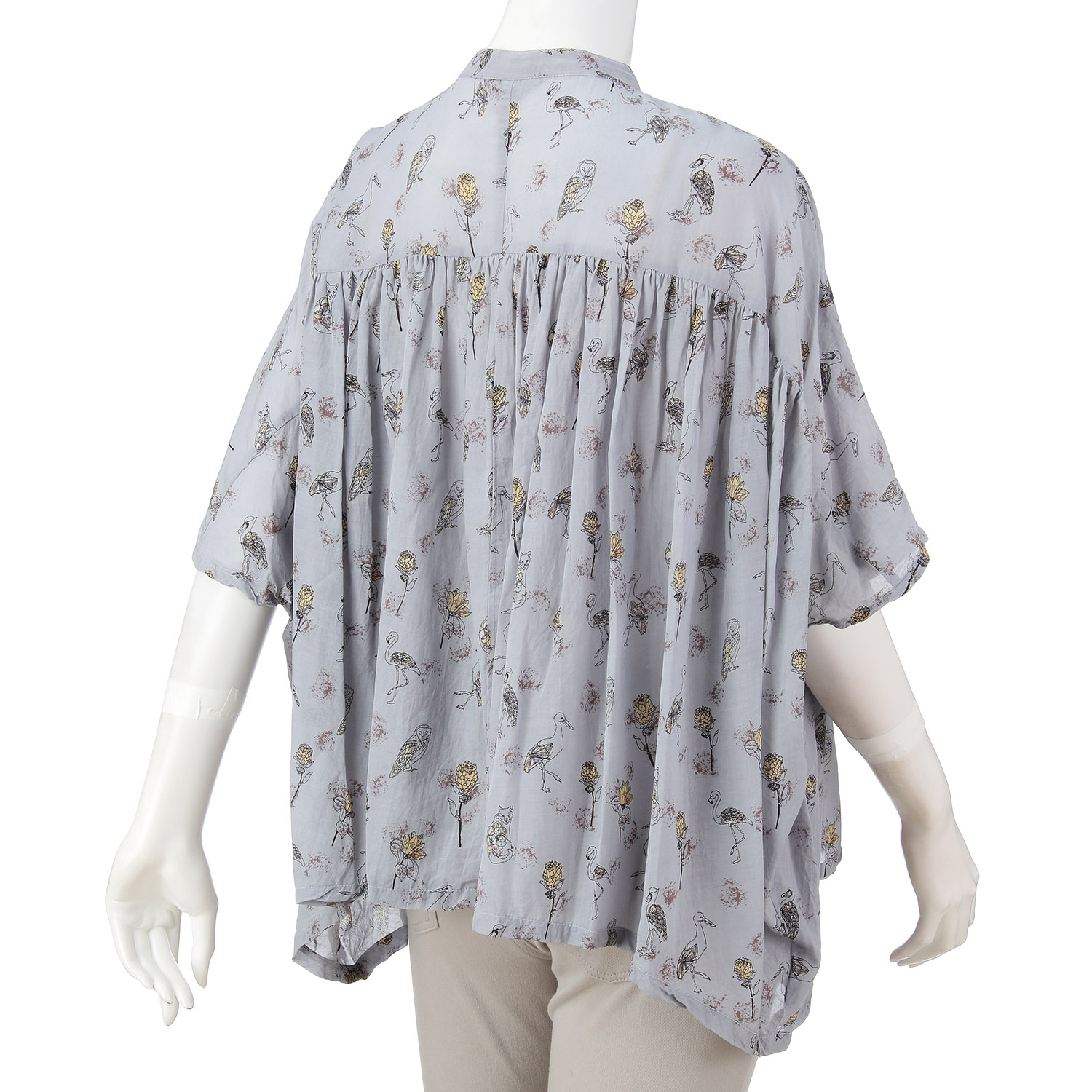 鳥花プリント ワイドギャザーブラウス - 画像3