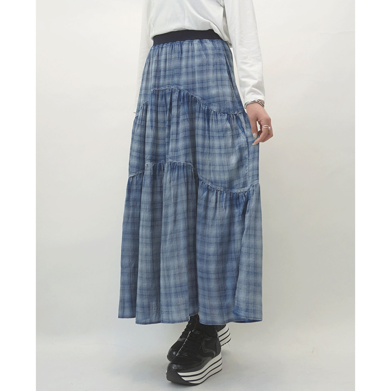 33℃ シアーデニムティアードパイピングフレアスカート