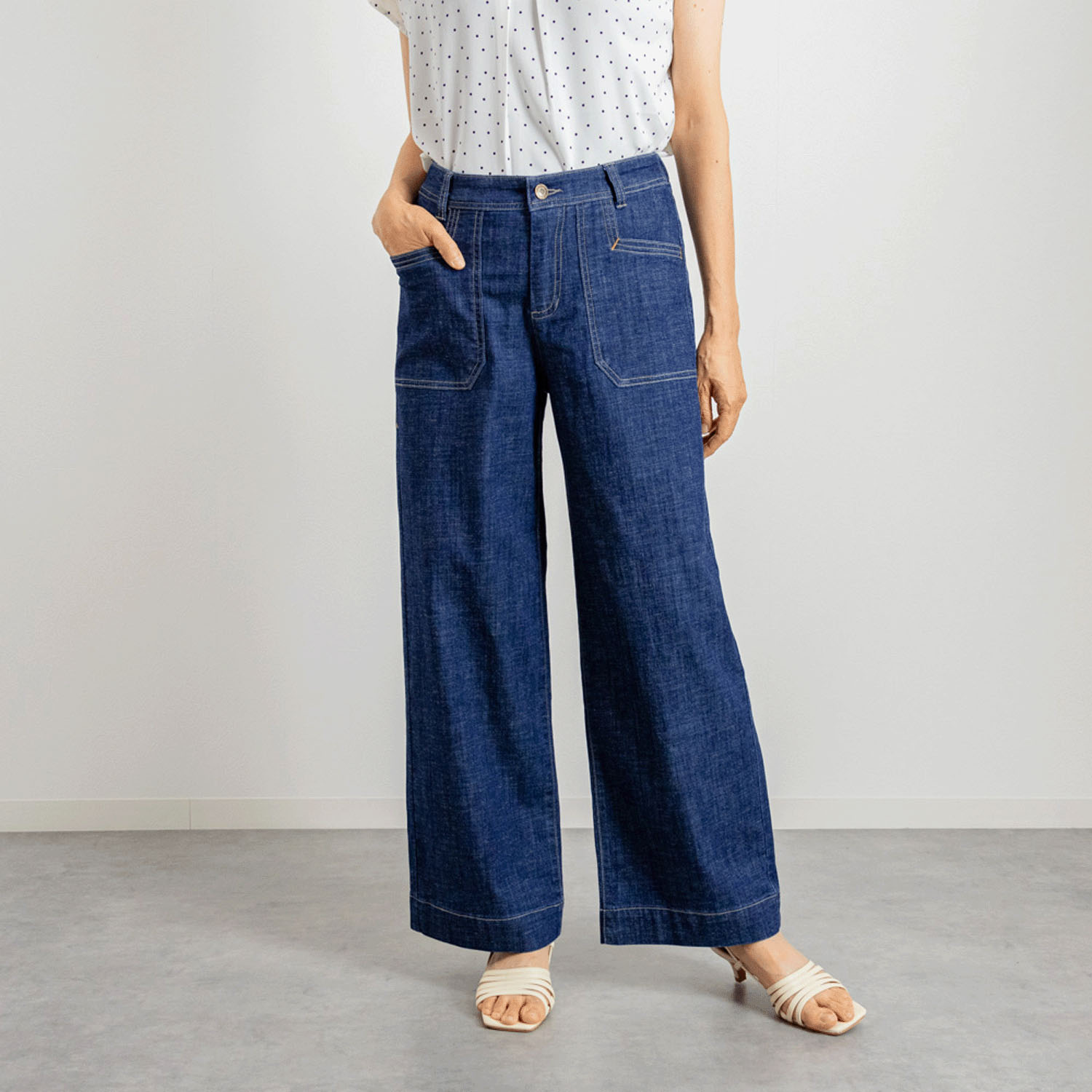 リネン混ドライタッチデニムワイドパンツ