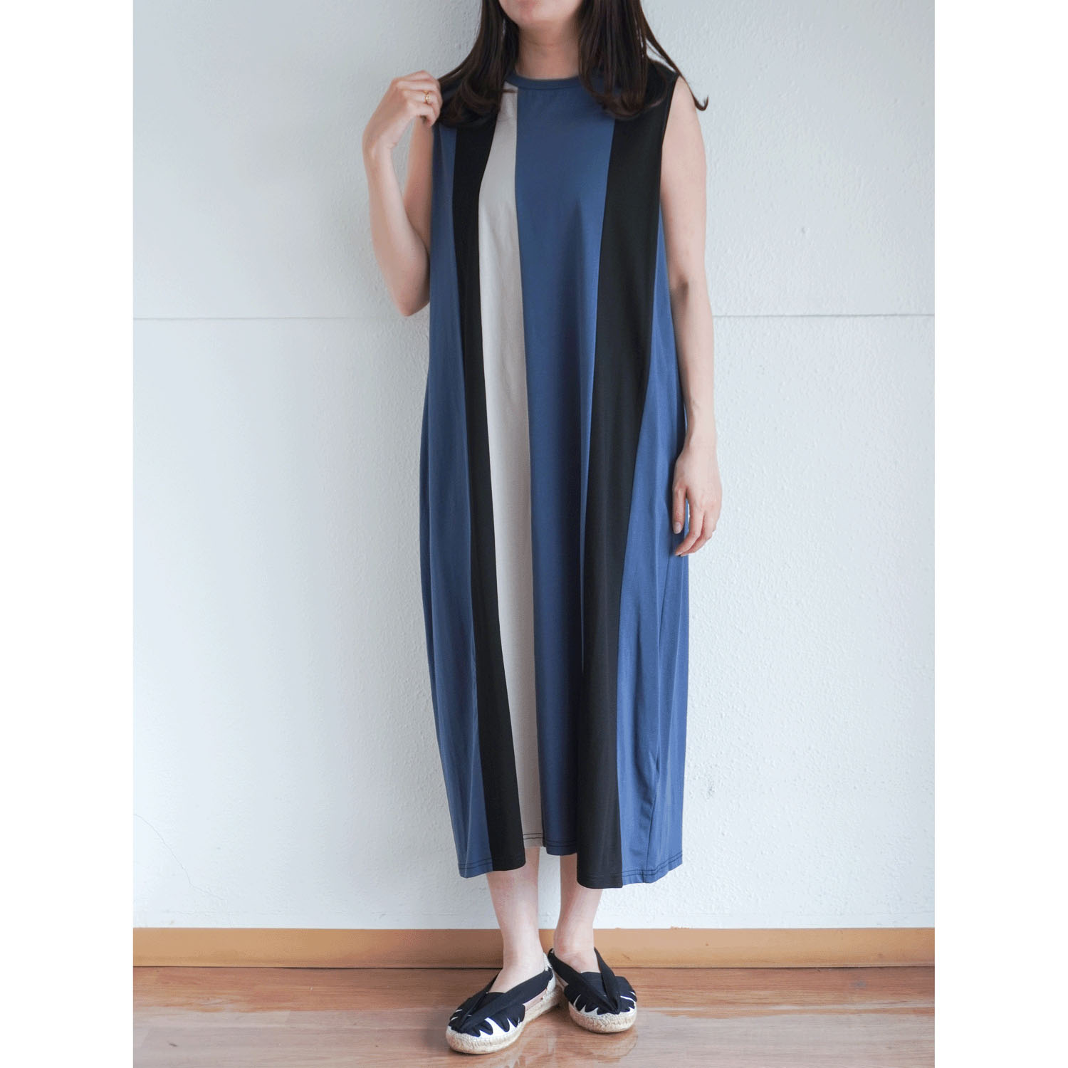 【Insta Live】シルケット天竺配色切替ノースリワンピース